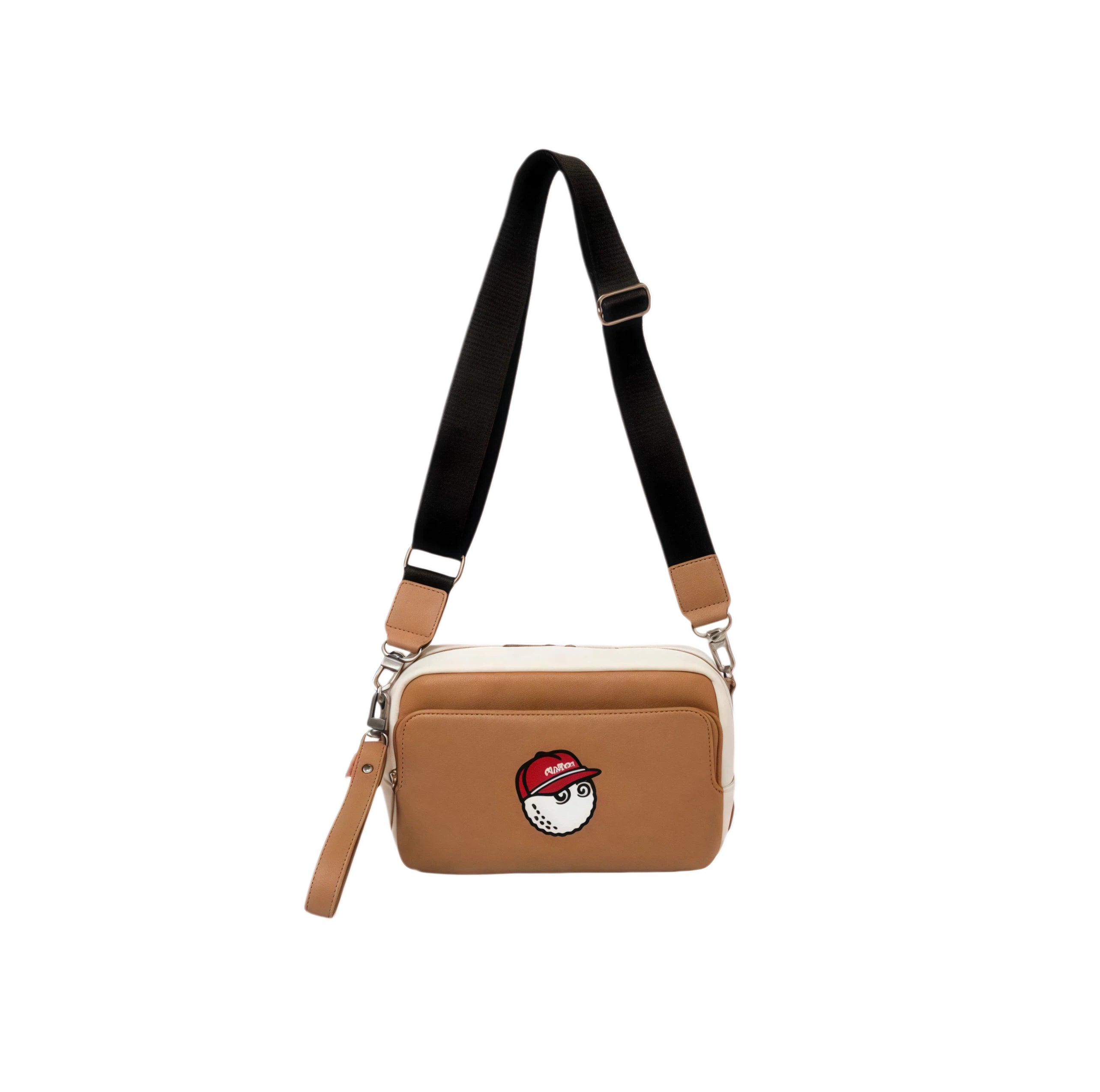 Light brown Malbon performance crossbody bag with contrasting white edges and cute golf ball mascot logo. Features durable hardware and wristlet attachment.