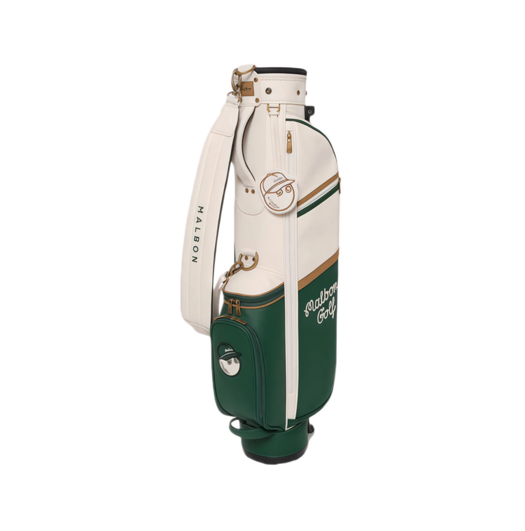 Rotated front view of Malbon Golf "Amongst the Cypress" stand bag displaying full branding, cream and forest green color scheme, and premium hardware details