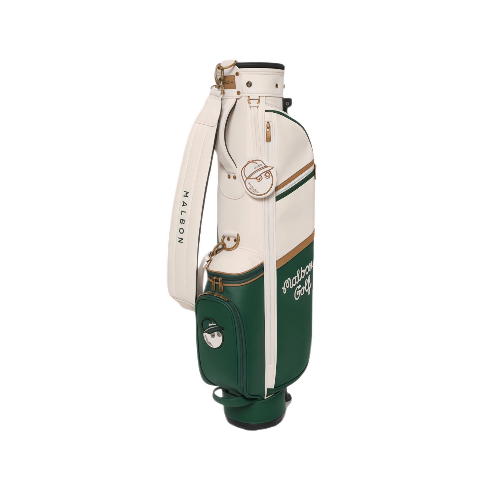 Rotated front view of Malbon Golf "Amongst the Cypress" stand bag displaying full branding, cream and forest green color scheme, and premium hardware details