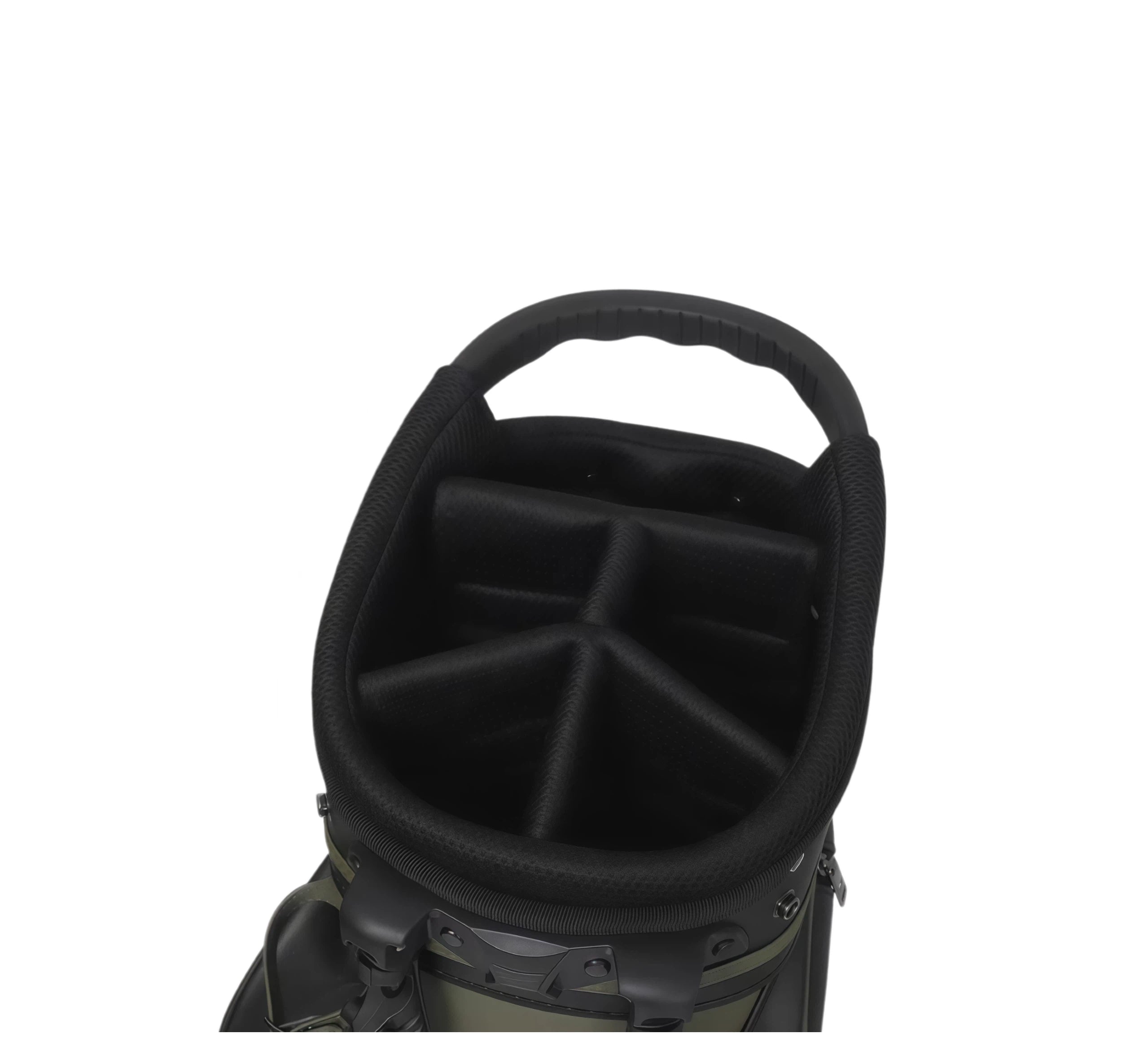 Interior of Malbon golf stand bag featuring black padded lining, segmented club dividers, and ergonomic design for secure golf club storage.