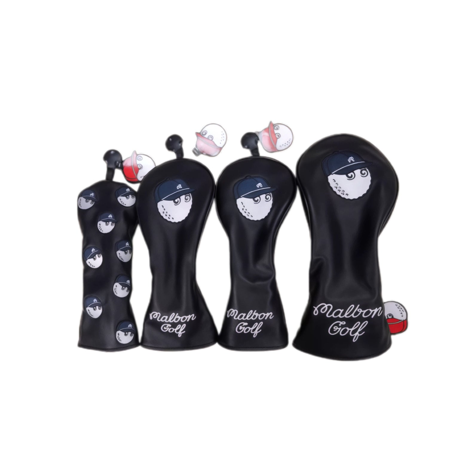 Black Malbon golf headcovers with white or navy cartoon baseball captain graphic; set includes plain and repeating pattern styles, complete with decorative magnetic ball clips.