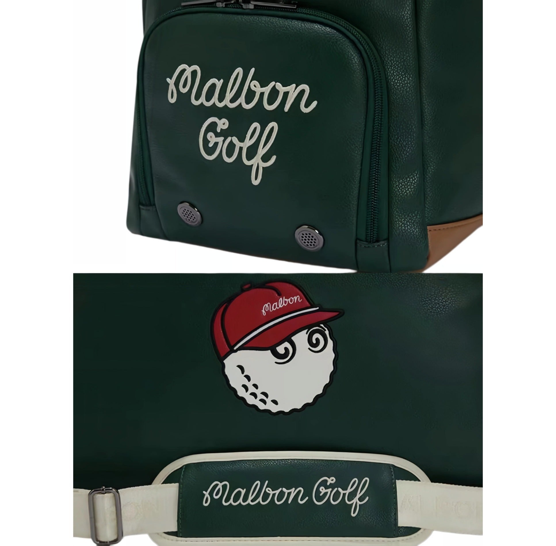 Detailed close-up of green Malbon Golf duffle bag showing white embroidered "Malbon Golf" text on shoulder strap and cartoon golf ball mascot with red cap