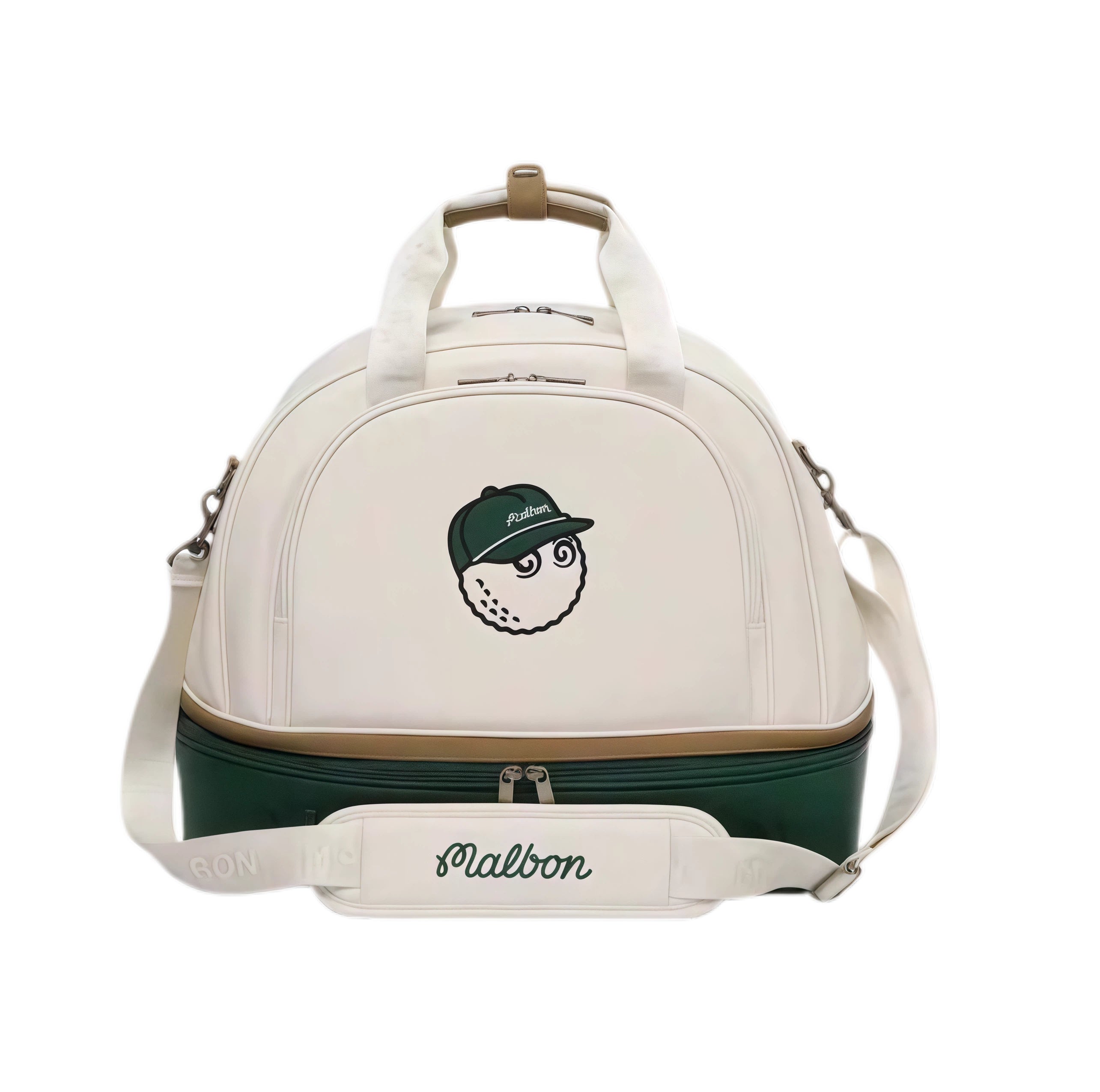 Front view of cream-colored Malbon golf duffle bag with green bottom panel, dual top handles, shoulder strap, and cute golf ball character wearing a green cap with "Malbon" logo