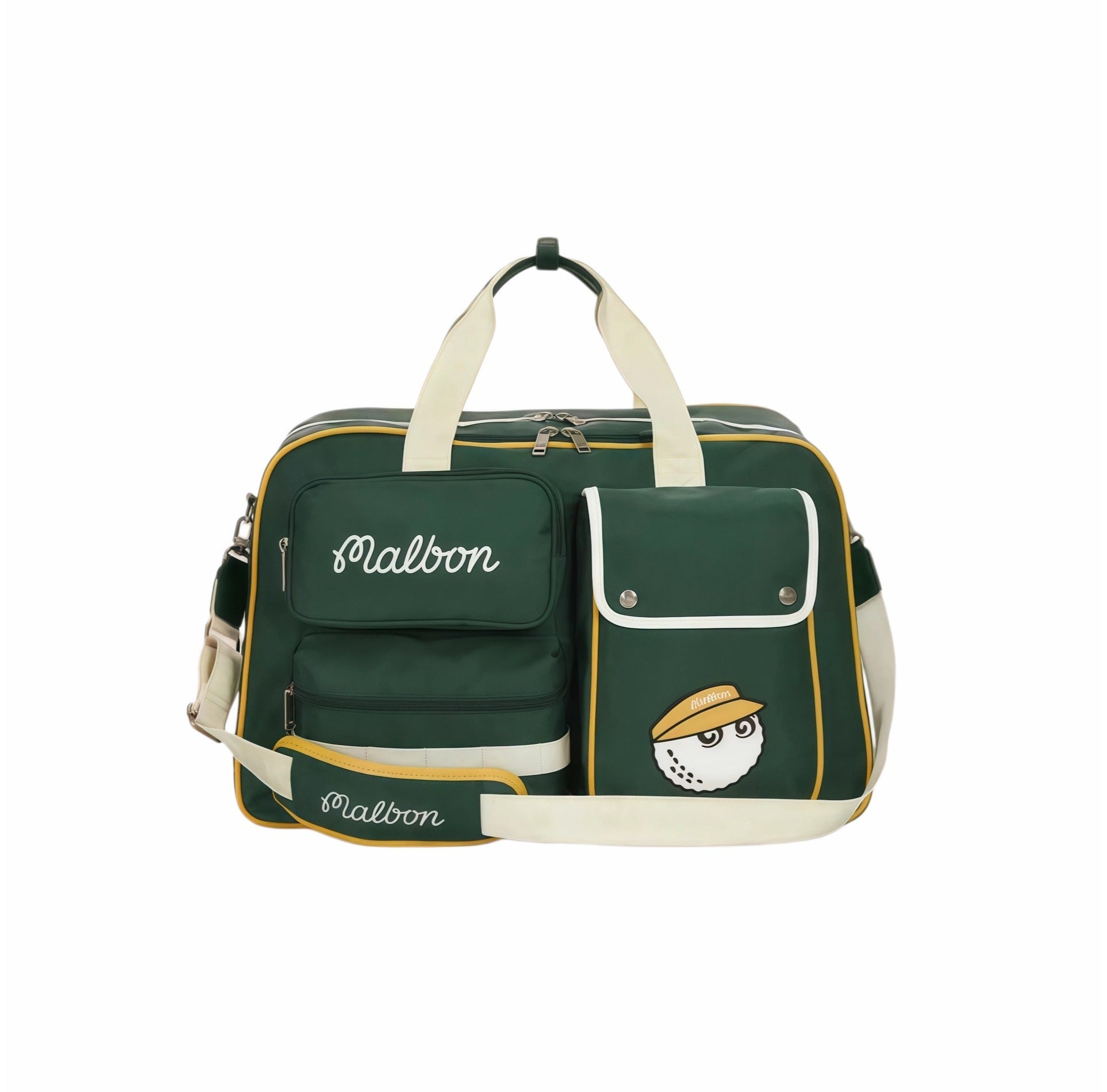 Side-angle view of open green Malbon golf duffle bag showing deep interior space, internal zippered pocket, and brand tag stitched inside
