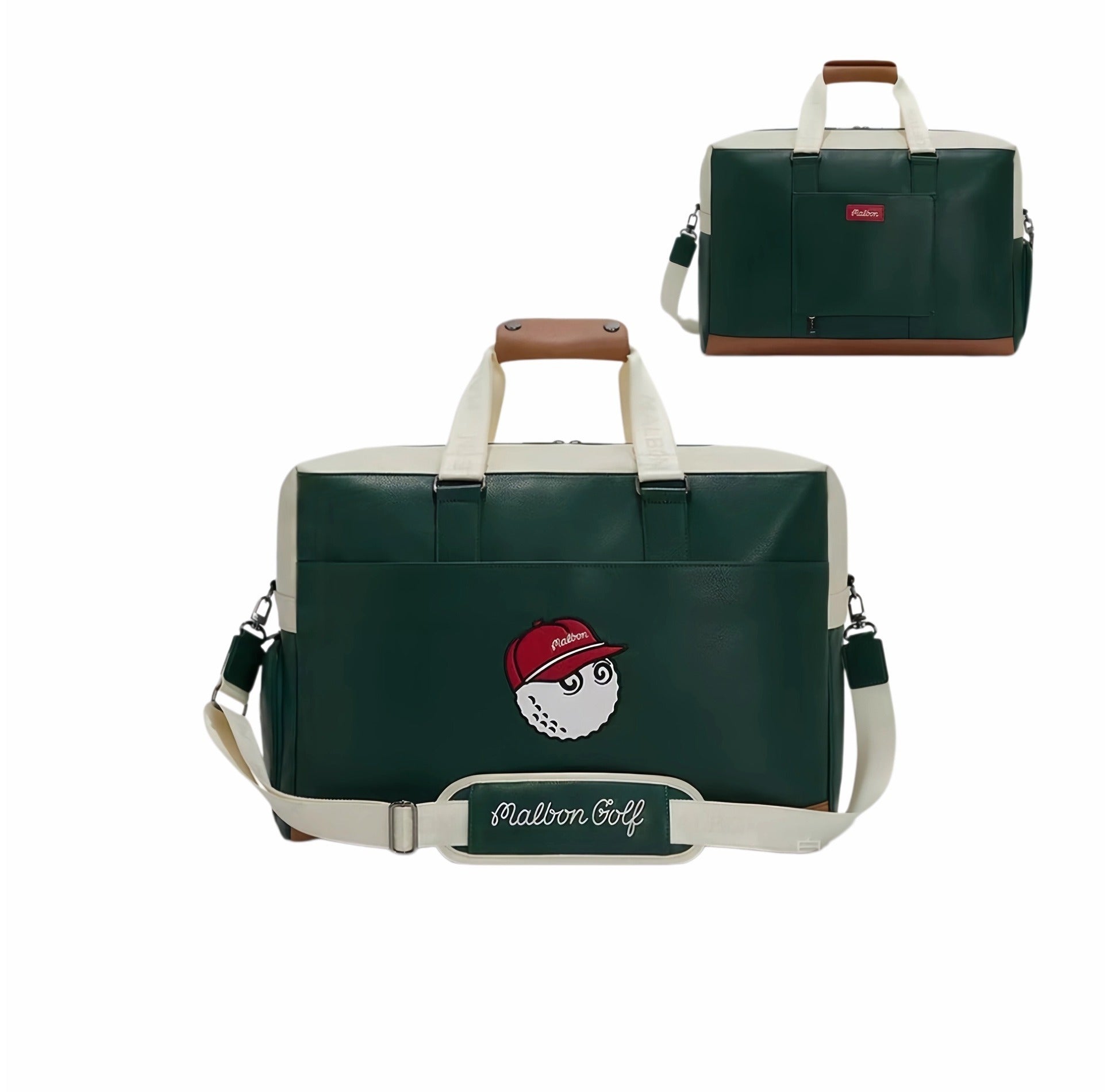 Front and back views of green and brown Malbon Golf duffle bags highlighting dual-tone design, red "Malbon" patch, and cartoon golf ball character on front panel