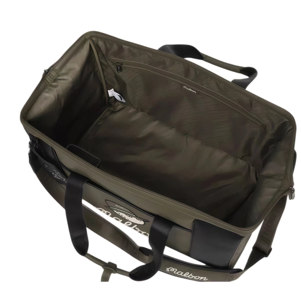 Open interior of olive green Malbon duffle bag showing spacious main compartment, zippered pocket, and "Malbon" branding on inner lining