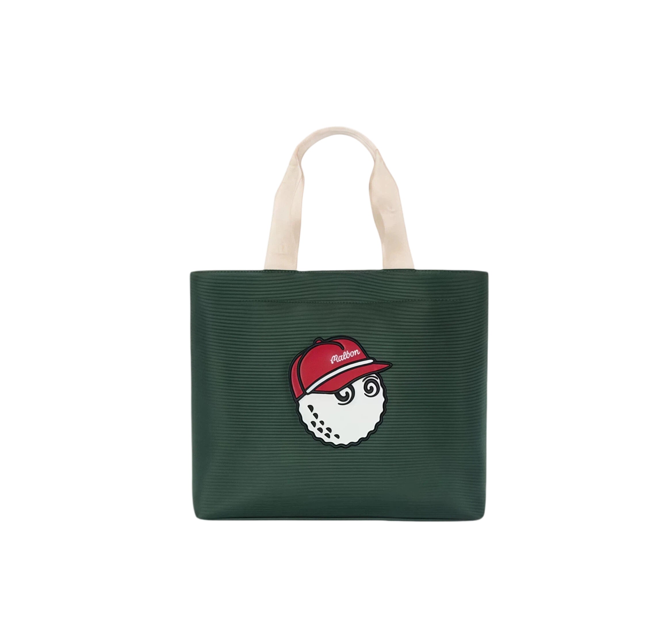 Dark green Malbon Golf tote bag featuring a cartoon golf ball mascot wearing a red cap with "Malbon" logo, ideal for carrying golf accessories and gifts.