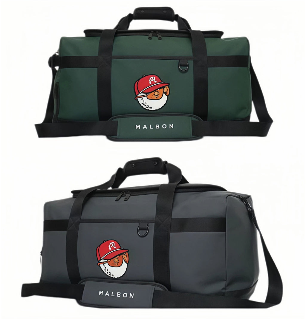 Front view comparison of Malbon Golf "Buckets" Boston bags in forest green and dark gray, featuring embroidered cartoon golf ball character wearing red cap and bold "MALBON" branding