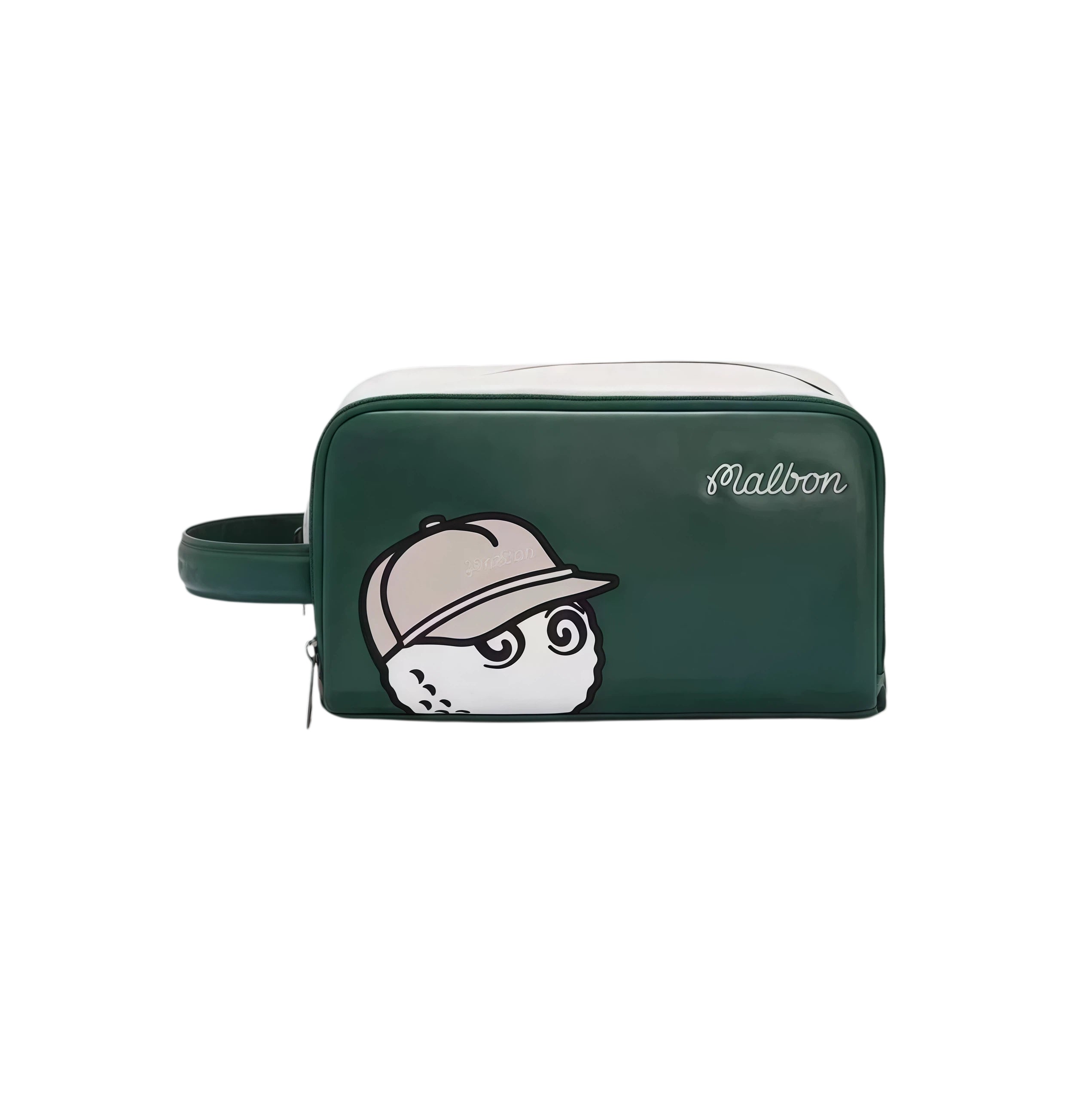 Front view of deep green Malbon Golf Buckets pouch bag featuring cartoon golf ball mascot with grey cap, white cursive "Malbon" logo, dual-tone design, and wrist strap