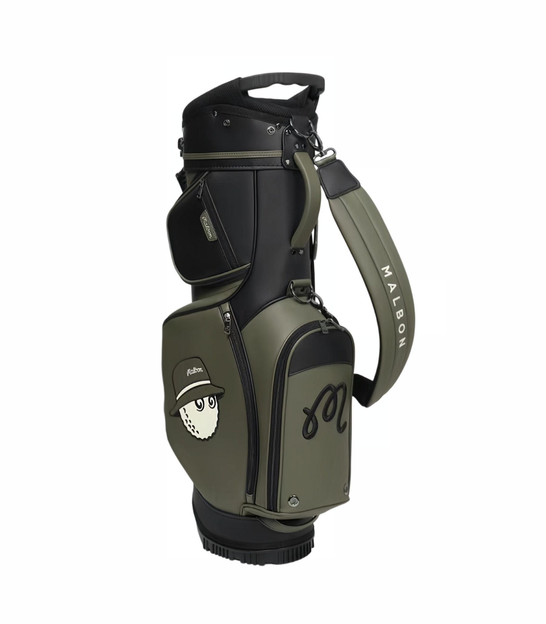 Malbon golf stand bag in olive green with black accents, adjustable shoulder strap labeled "MALBON", and stylish logo design for easy carrying.