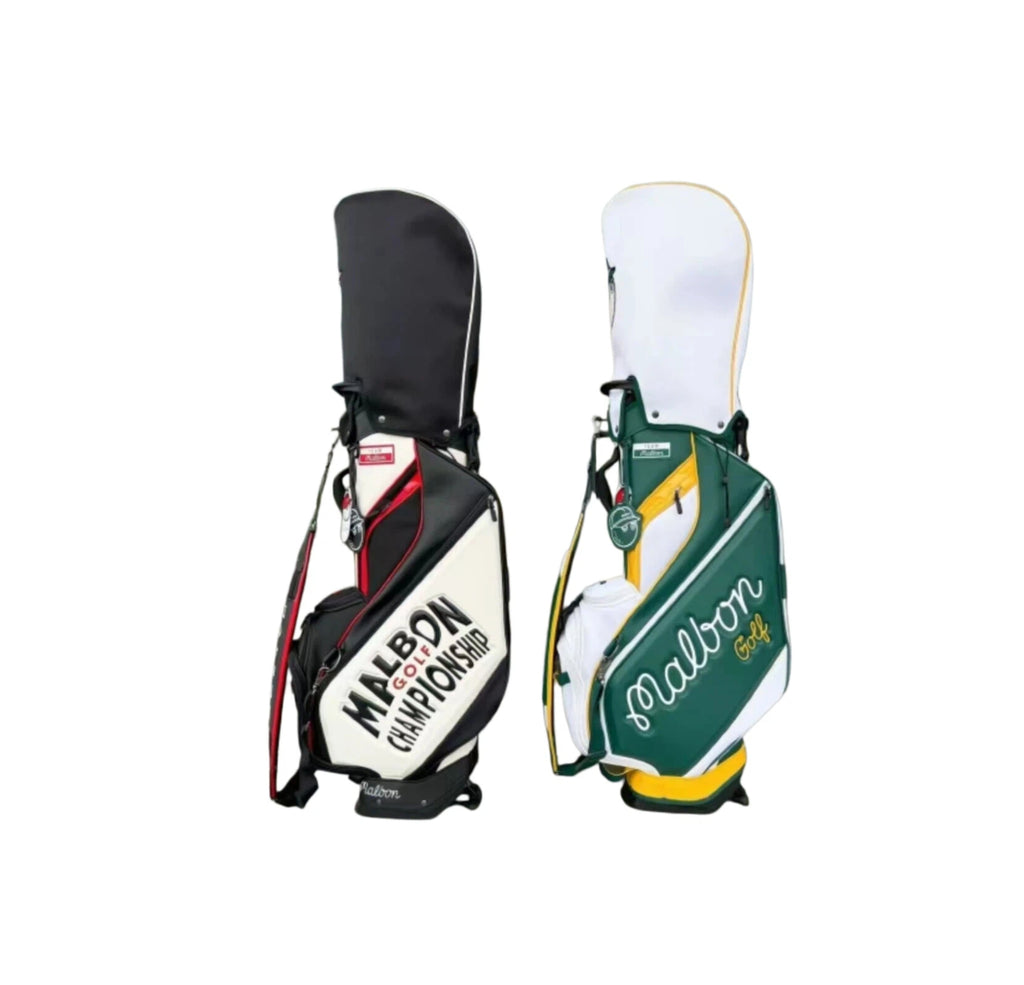 Side view comparison of Malbon Golf Championship Stand Bags in Black/Red and Green/Yellow, showcasing the "Malbon Golf Championship" embroidery, durable waterproof PU shell, and integrated carry handles.
