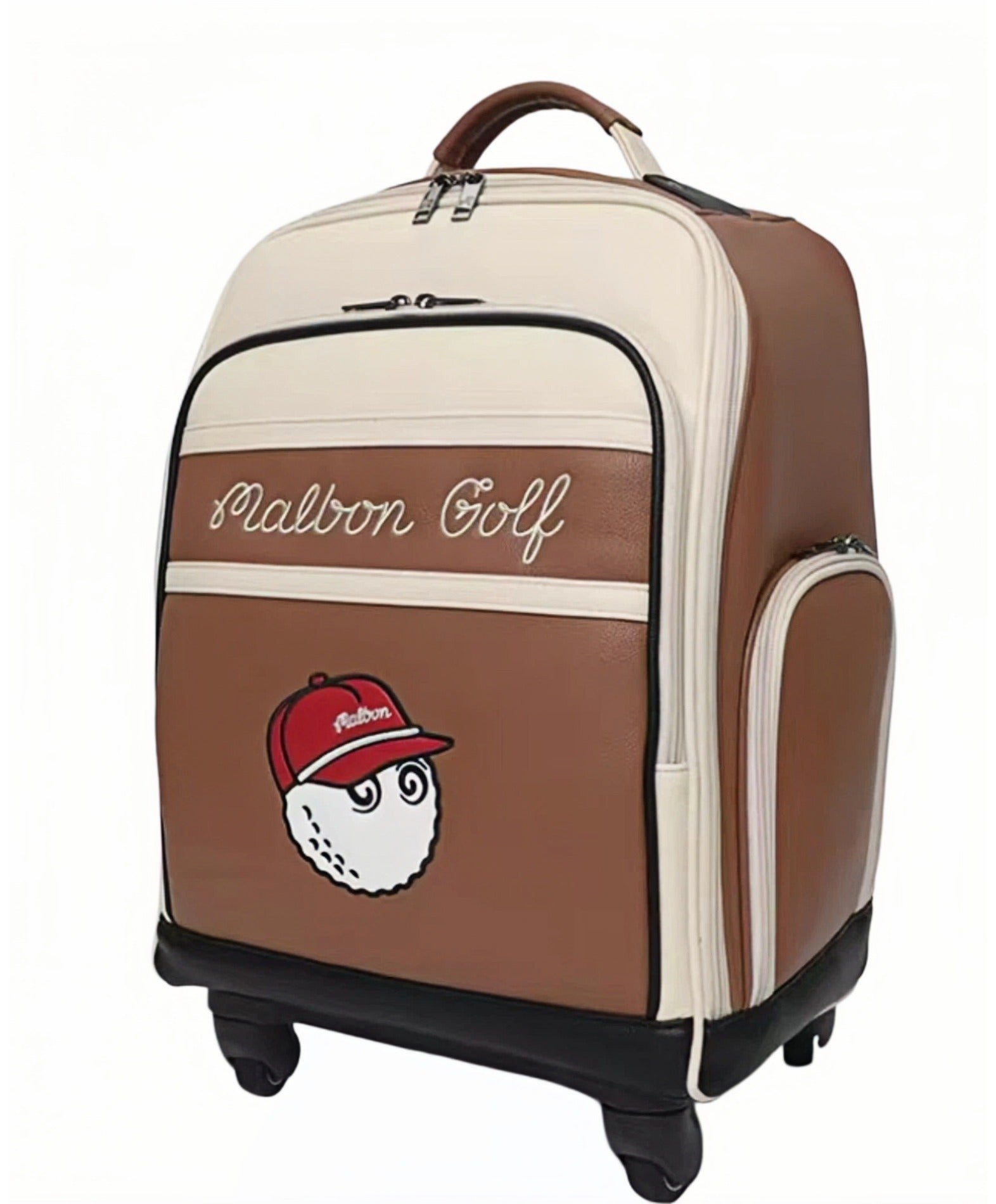 Front view of Malbon Golf rolling backpack in brown and cream PU leather, featuring embroidered "Malbon Golf" text and cartoon golf ball wearing red cap