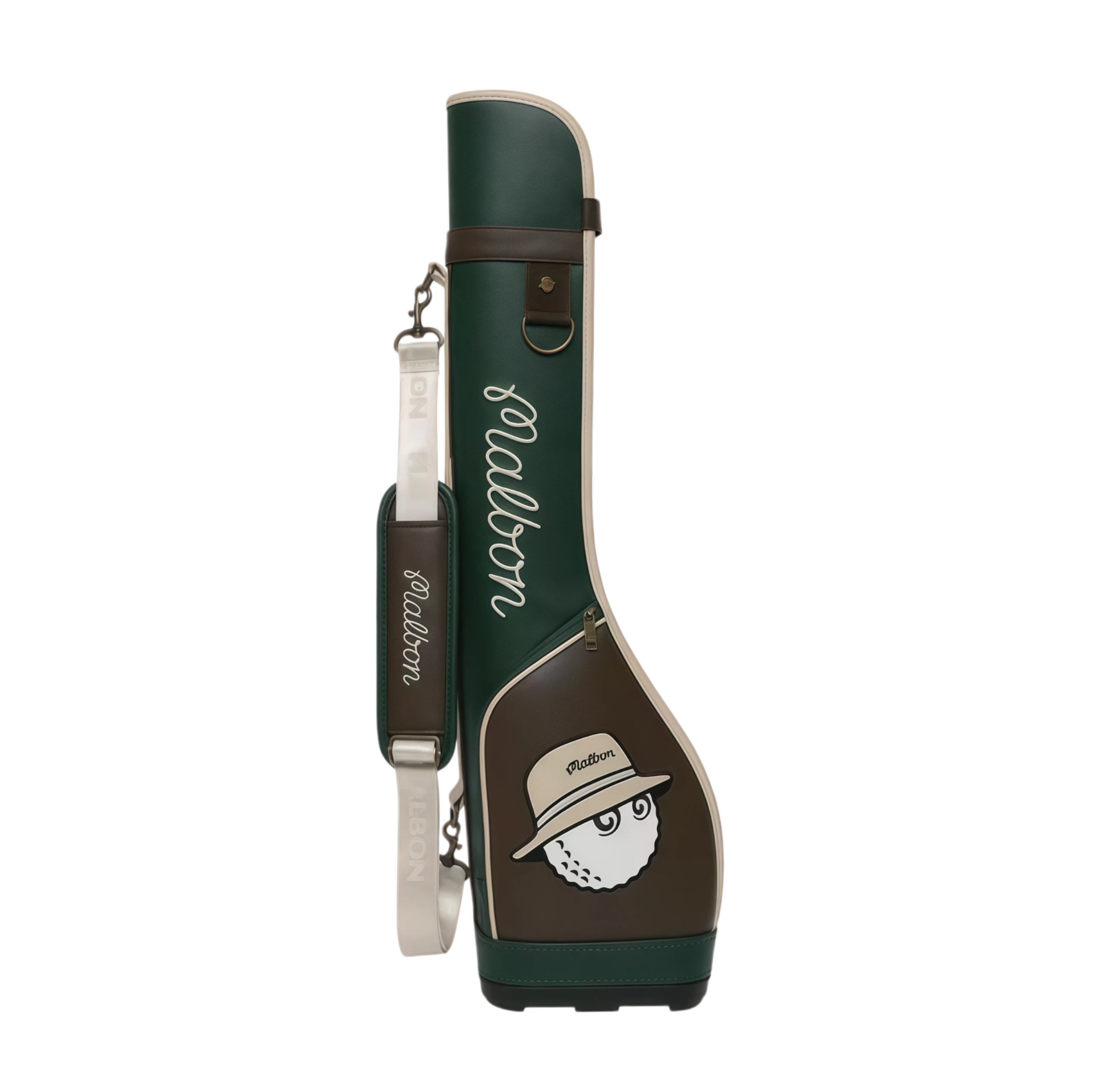 Green and brown Malbon Golf Classic Sunday bag featuring retro design, white "Malbon" script, and playful golf ball character patch. Ideal for women and beginners.