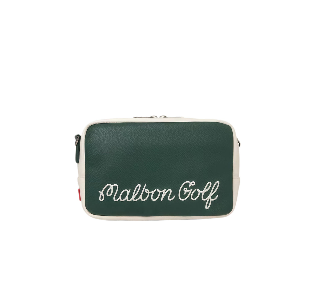 Backside of the forest green Malbon crossbody bag with white "Malbon Golf" cursive lettering. Premium texture and minimalist aesthetic.