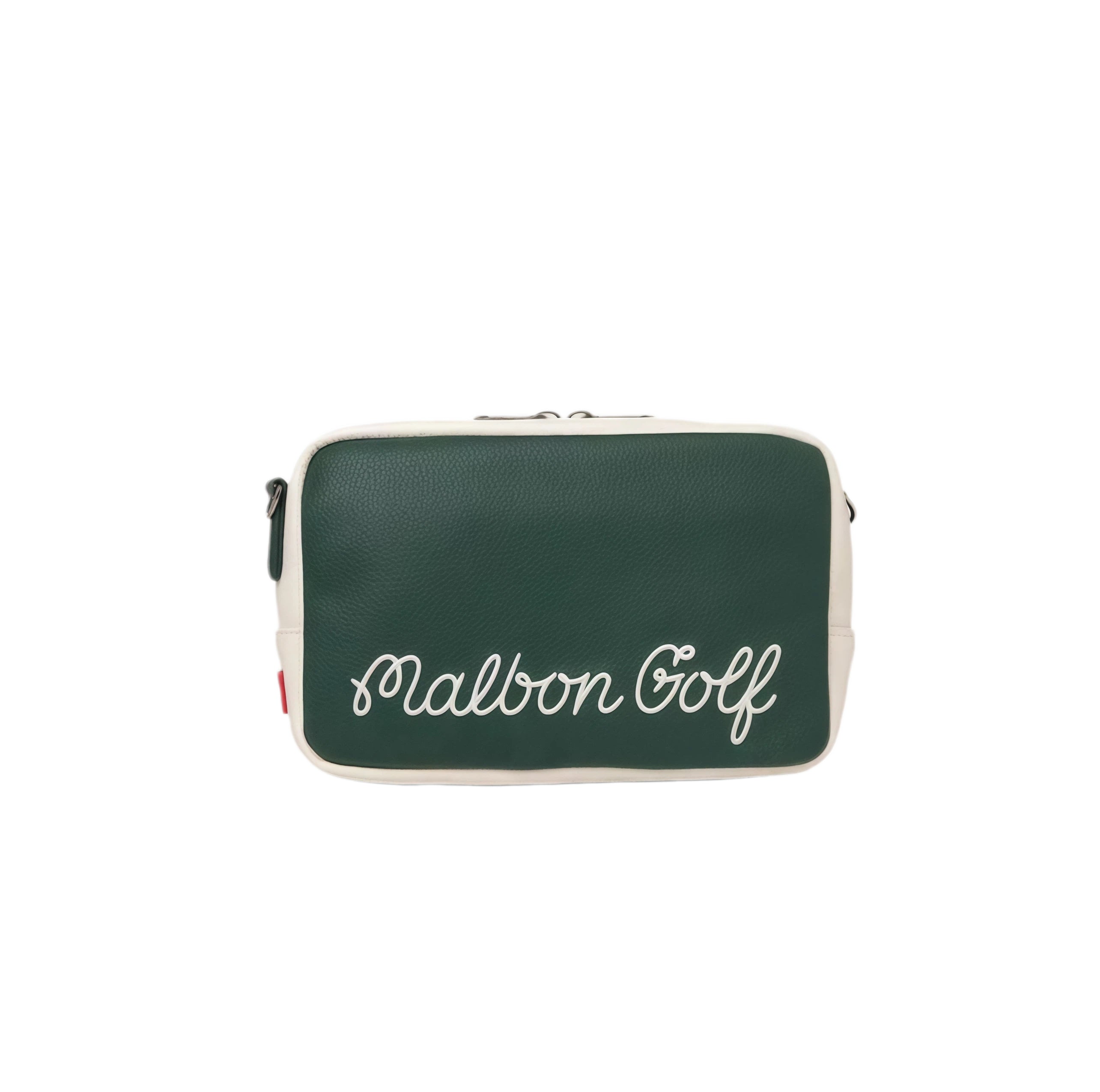 Backside of the forest green Malbon crossbody bag with white "Malbon Golf" cursive lettering. Premium texture and minimalist aesthetic.