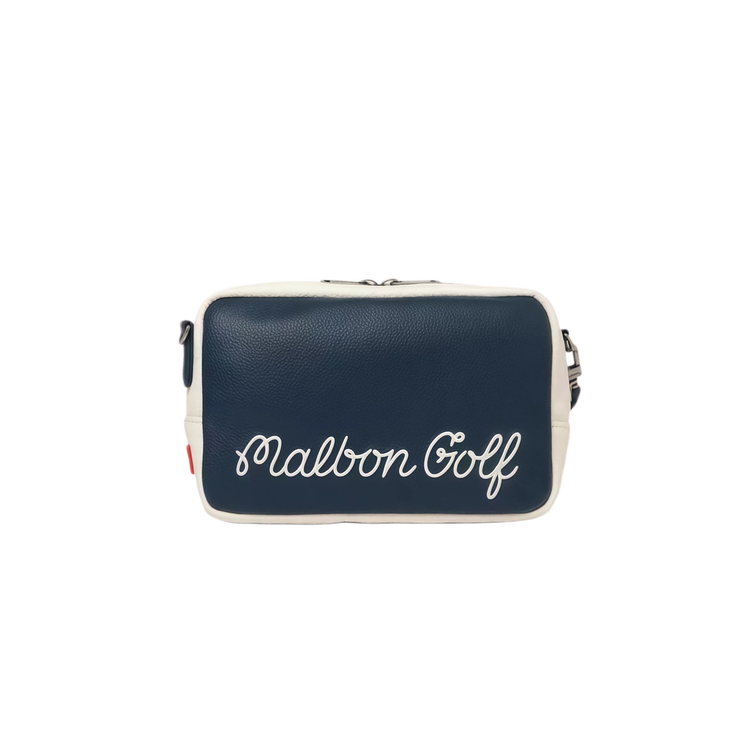 Back view of the navy blue Malbon performance crossbody bag featuring white "Malbon Golf" script logo. Clean and stylish branding detail.
