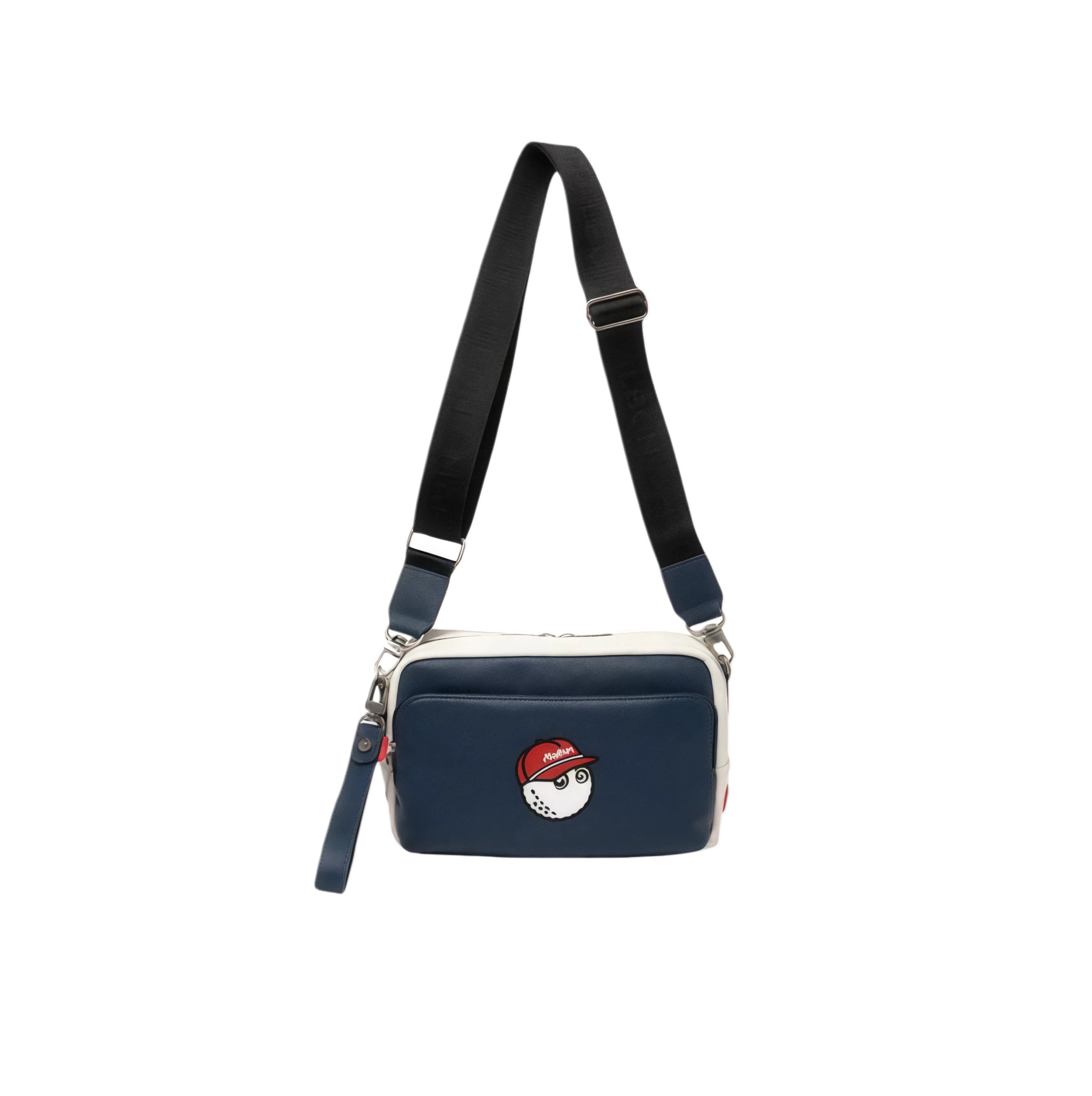 Side view of the navy blue Malbon performance crossbody bag showing full-length adjustable strap and secure metal clasps. Ideal for hands-free golfing or daily use.