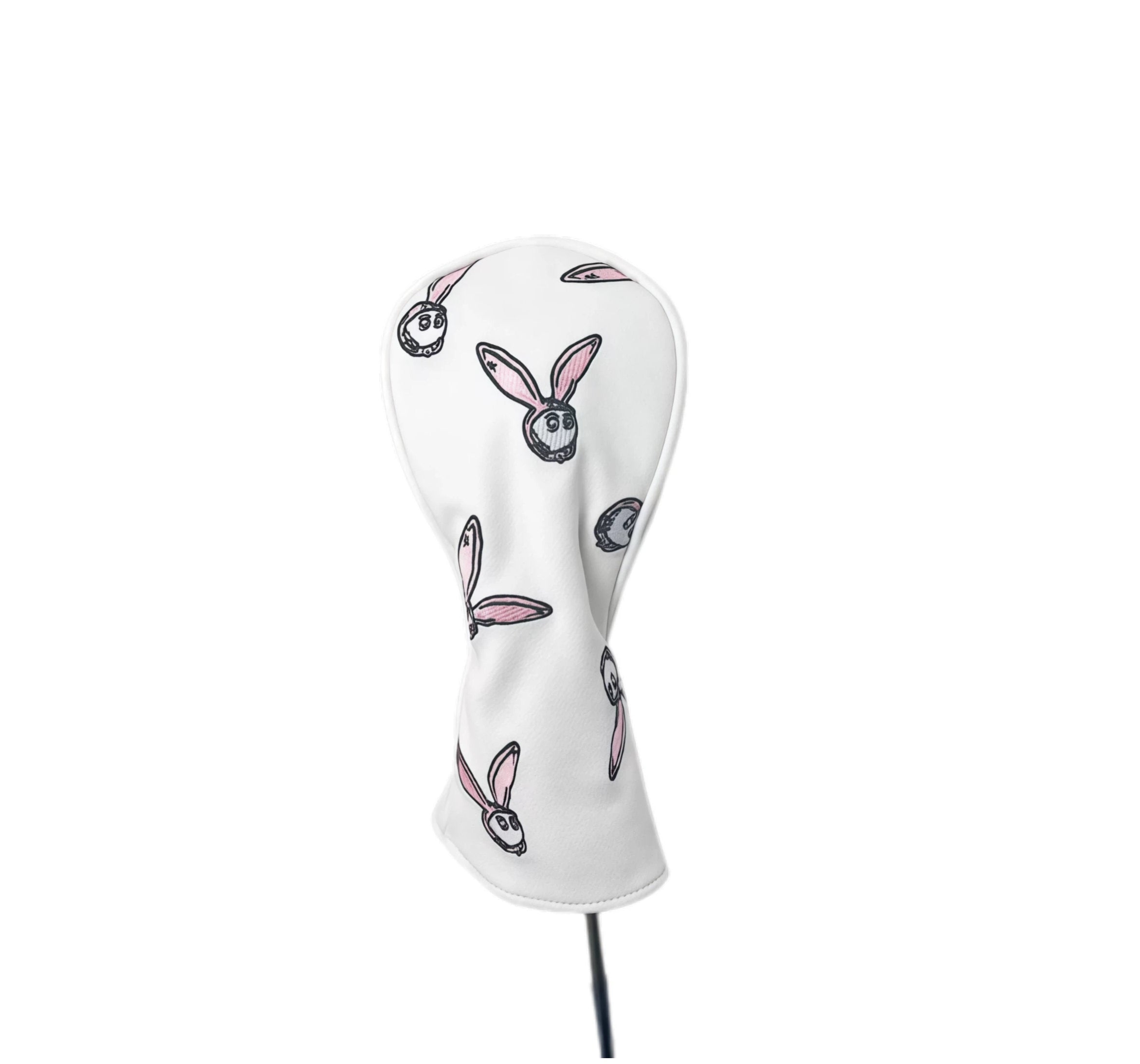 Close-up of a white Malbon Golf driver headcover featuring a charming pink bunny face print — lightweight, protective, and stylish for adding personality to your golf bag.
