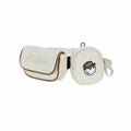 Side view of Malbon Golf dual pouch belt bag in cream white showcasing cursive "Malbon" script on flap, golf ball mascot on square pouch, and attached belt strap
