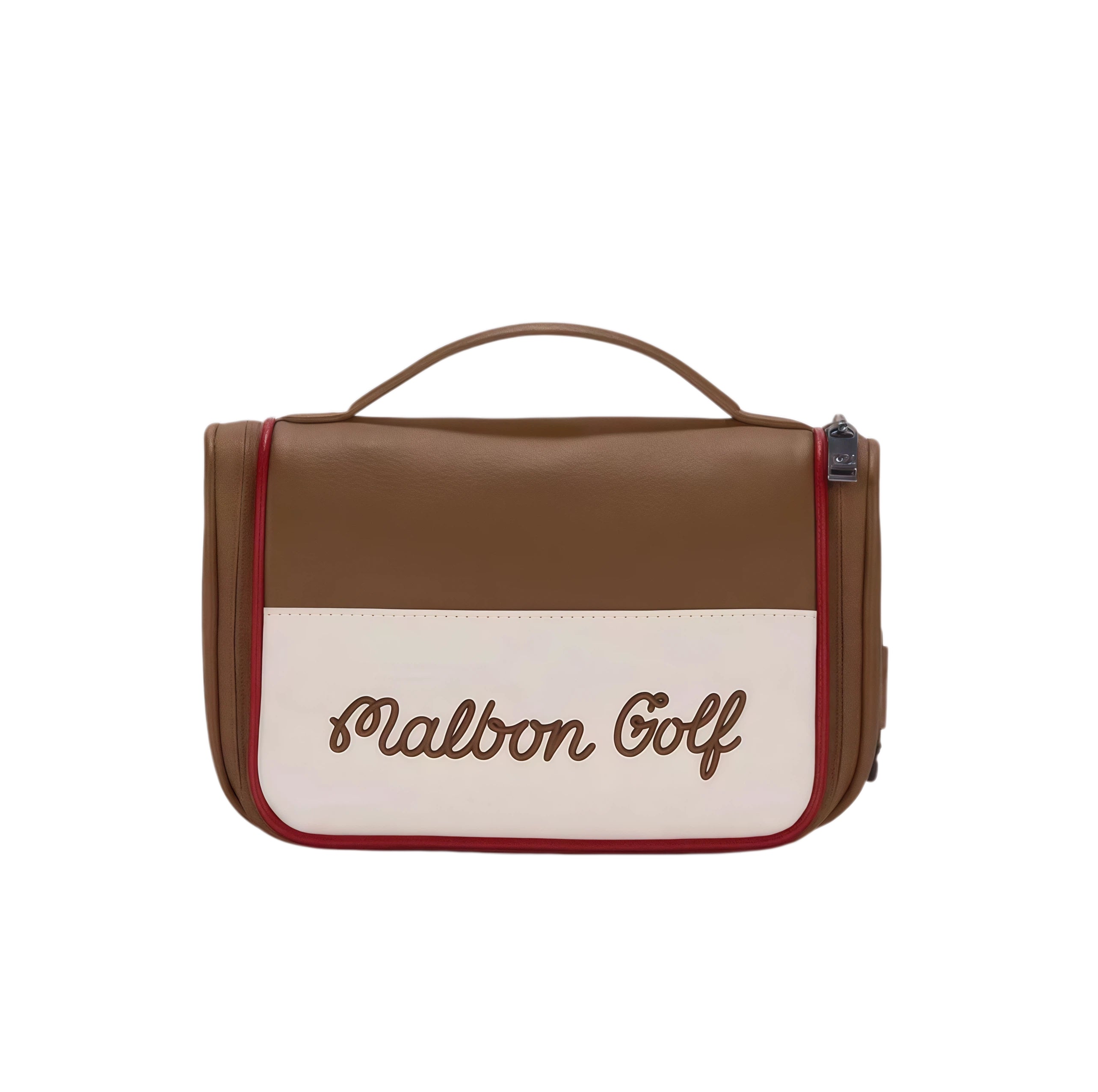 Brown and cream two-tone Malbon golf handbag featuring elegant "Malbon Golf" script embroidery on front panel, red piping detail, and top handle for premium golf style.