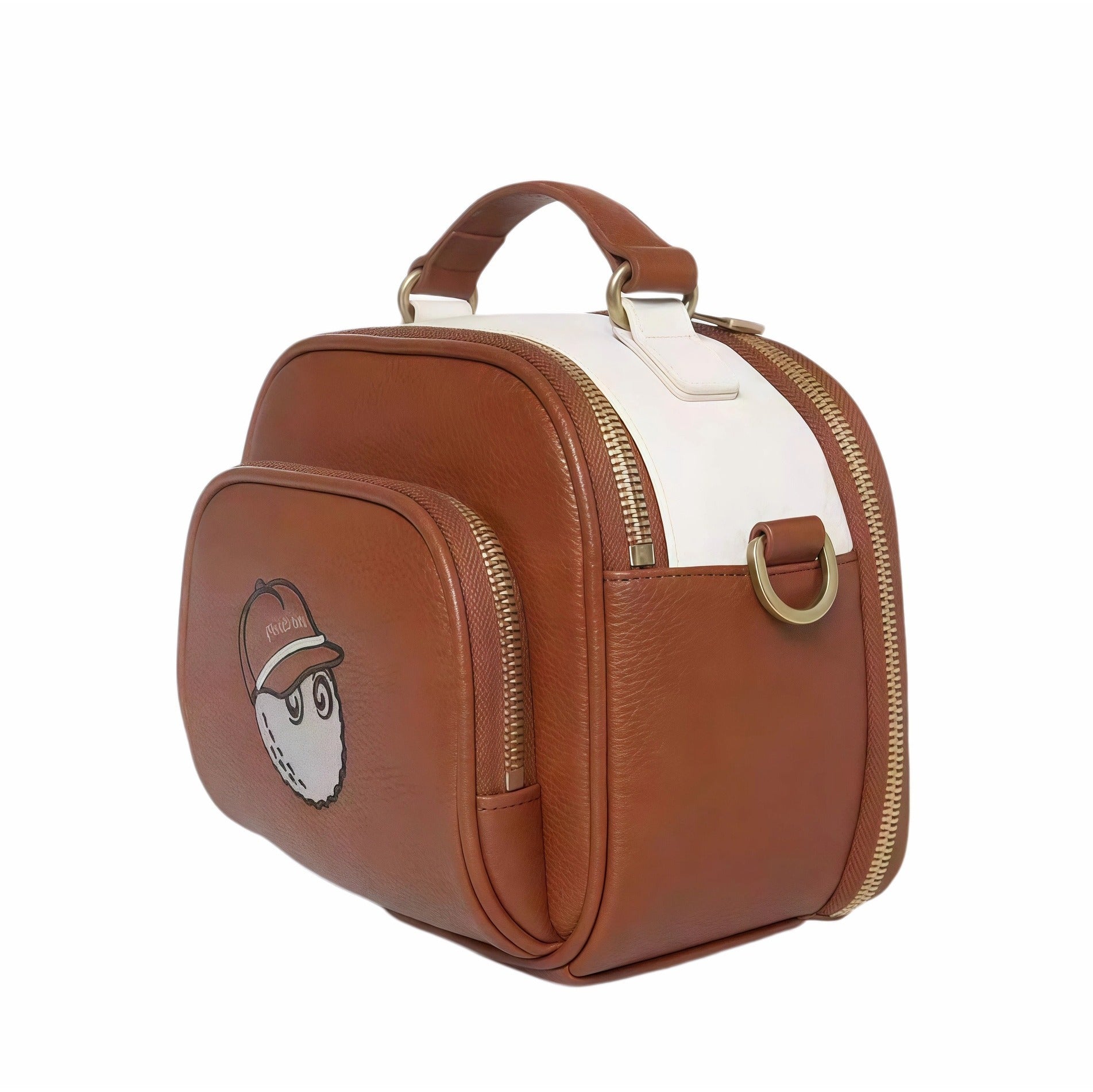 Side angle of Malbon Golf Heritage Boston bag in tan brown showing white contrast panel, gold-tone zipper pull, top handle attachment, and durable stitching