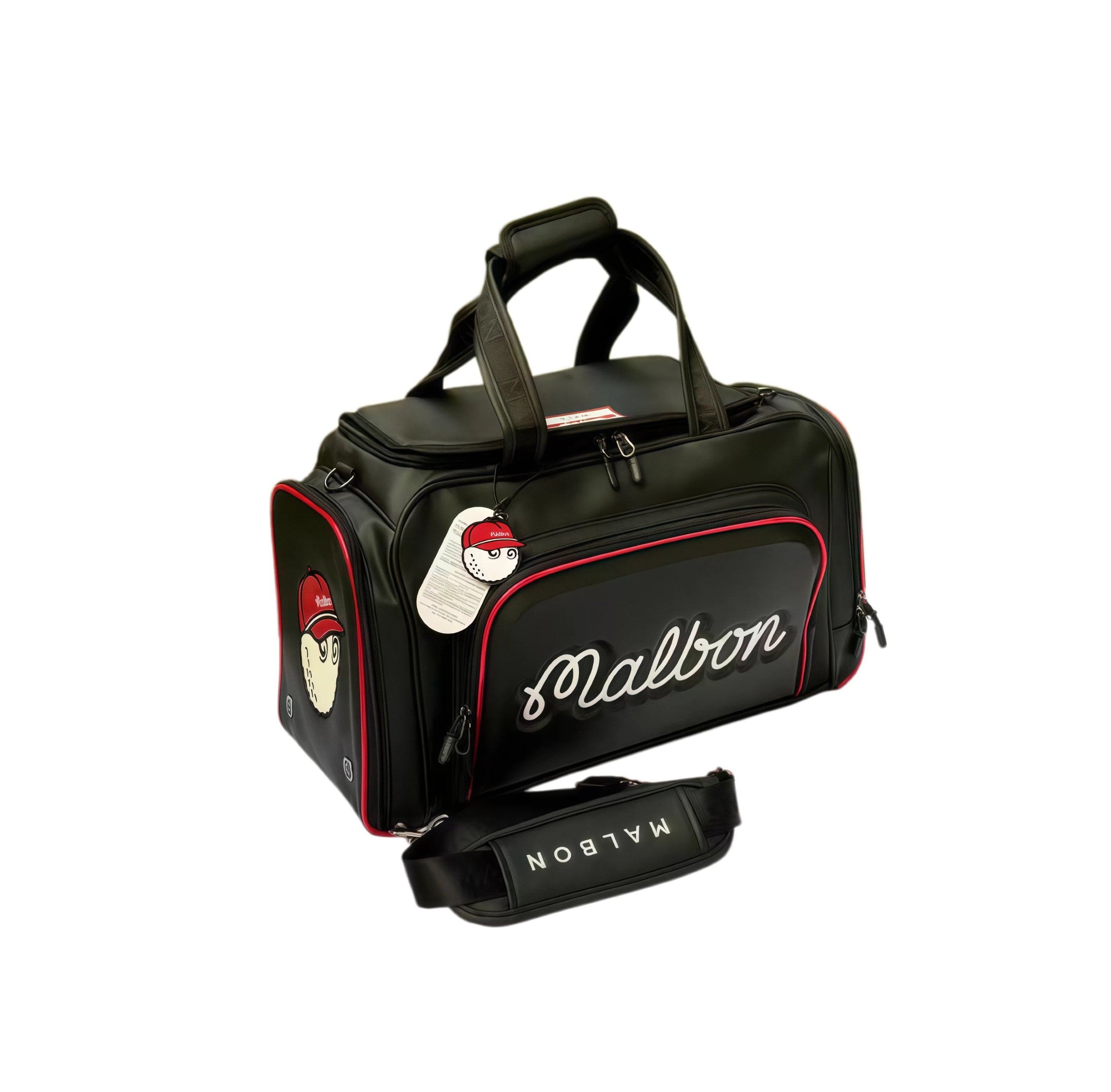 Angled front view of the Malbon Golf M Bucket Boston Bag in black with red trim. Features the raised "Malbon" logo, dual zippers, and attached branded tag with cartoon golf ball mascot.