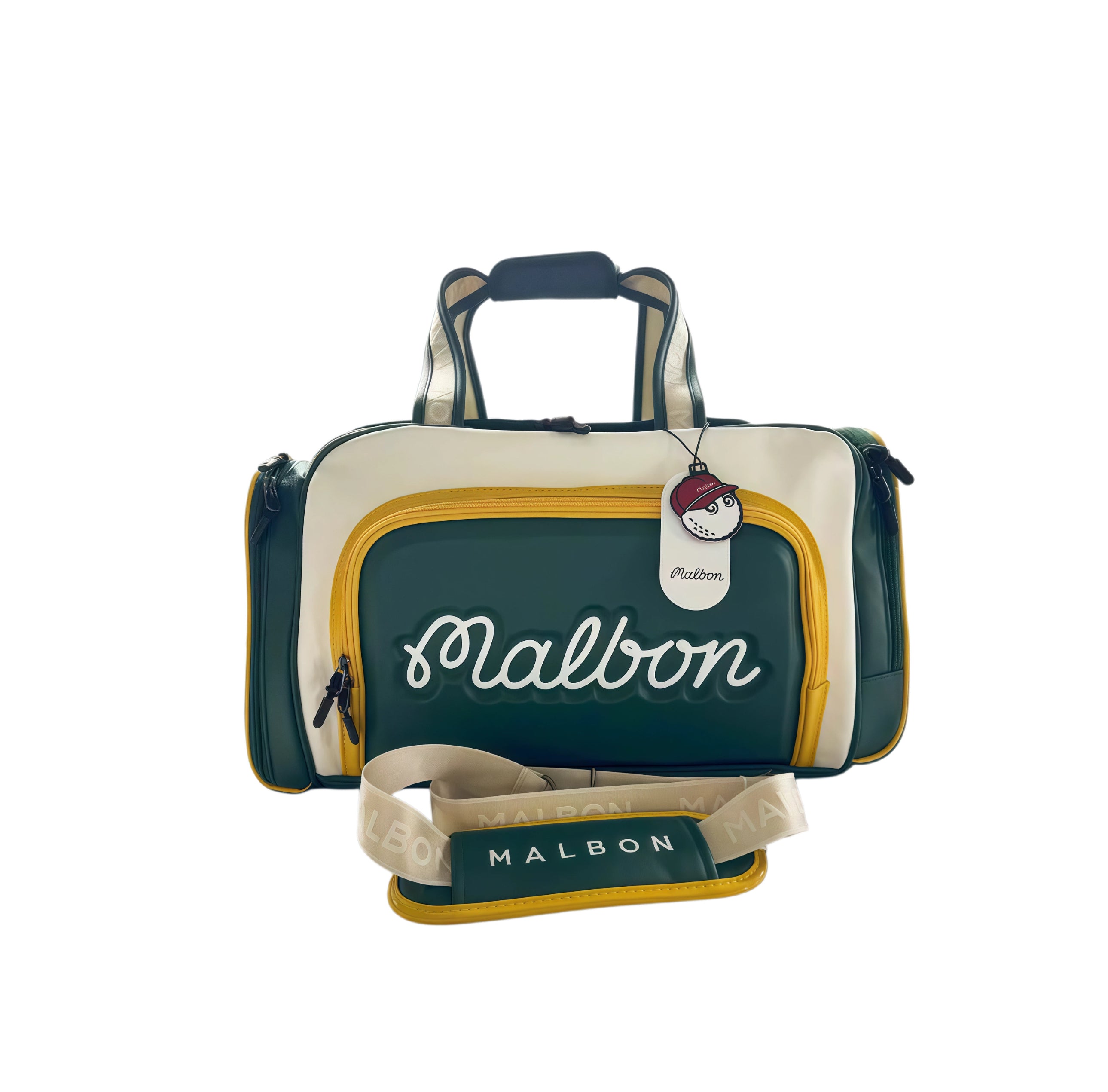 Front view of the Malbon Golf M Bucket Boston Bag in green, yellow, and white color block design. Showcases the iconic raised "Malbon" script logo, contrasting zippers, and branded shoulder strap with "MALBON" text.