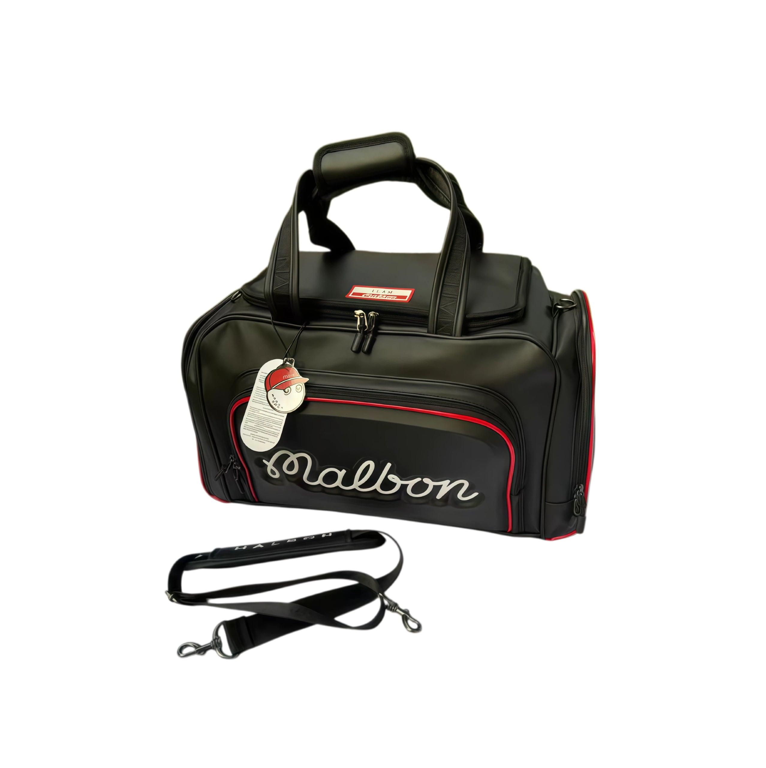 Top view of the Malbon Golf M Bucket Boston Bag in black with red trim. Shows the reinforced top handles, "TEAM MALBON" label, and detached shoulder strap with metal hardware.