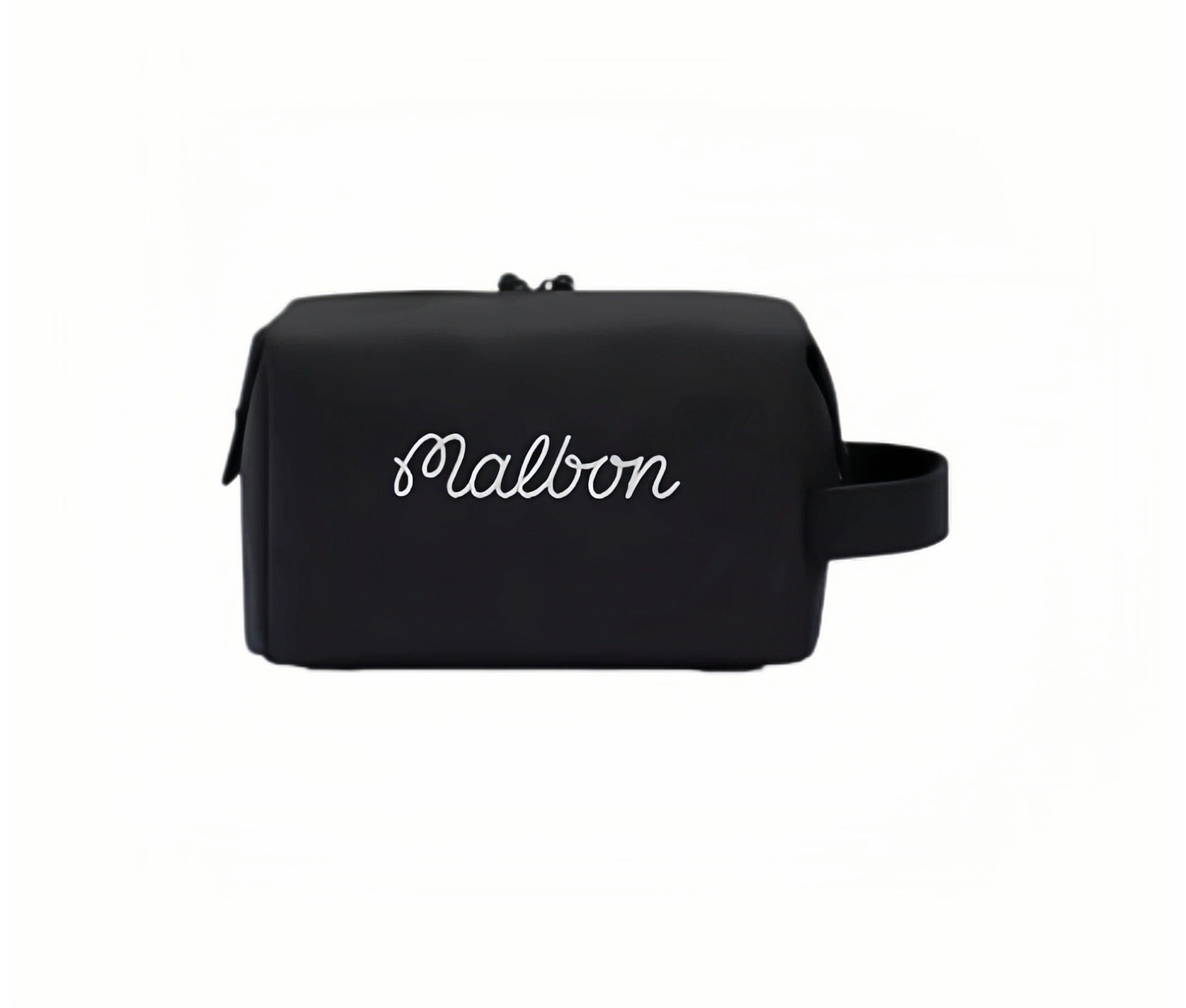 Back view of black Malbon Golf mini handbag displaying elegant white cursive "Malbon" branding, minimalist design, and functional wrist handle