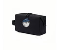 Front view of Malbon Golf mini handbag in black fabric with embroidered golf ball mascot wearing navy blue cap labeled "Malbon", dual-zip closure, and wrist strap