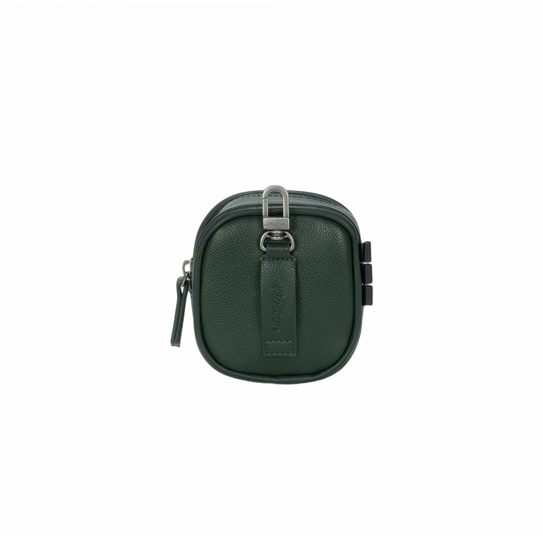 Back view of Malbon Golf square pouch in forest green showing metal D-ring, branded leather pull tab, zip closure, and embossed "Malbon" logo on strap