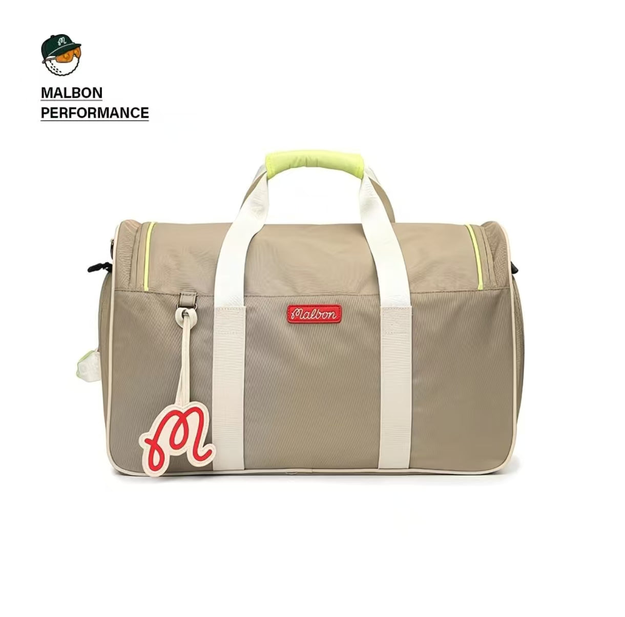 Front view of Malbon Golf Performance duffel bag in beige featuring white straps, neon green top handle, red cursive "M" tag charm, and red brand patch