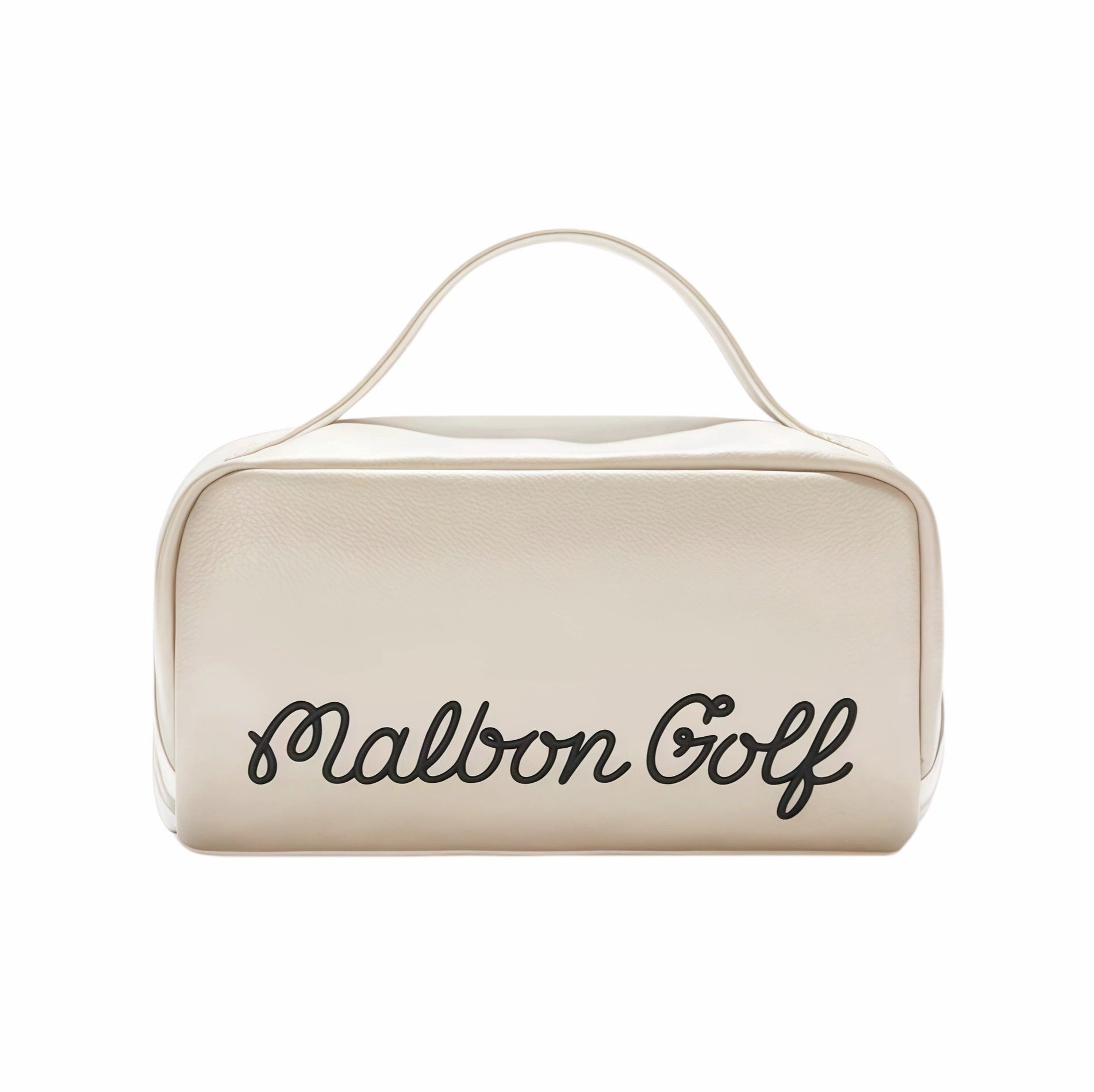  Front view of Malbon Golf performance light pouch in cream white color, featuring bold black "Malbon Golf" script logo, top handle, and clean minimalist design