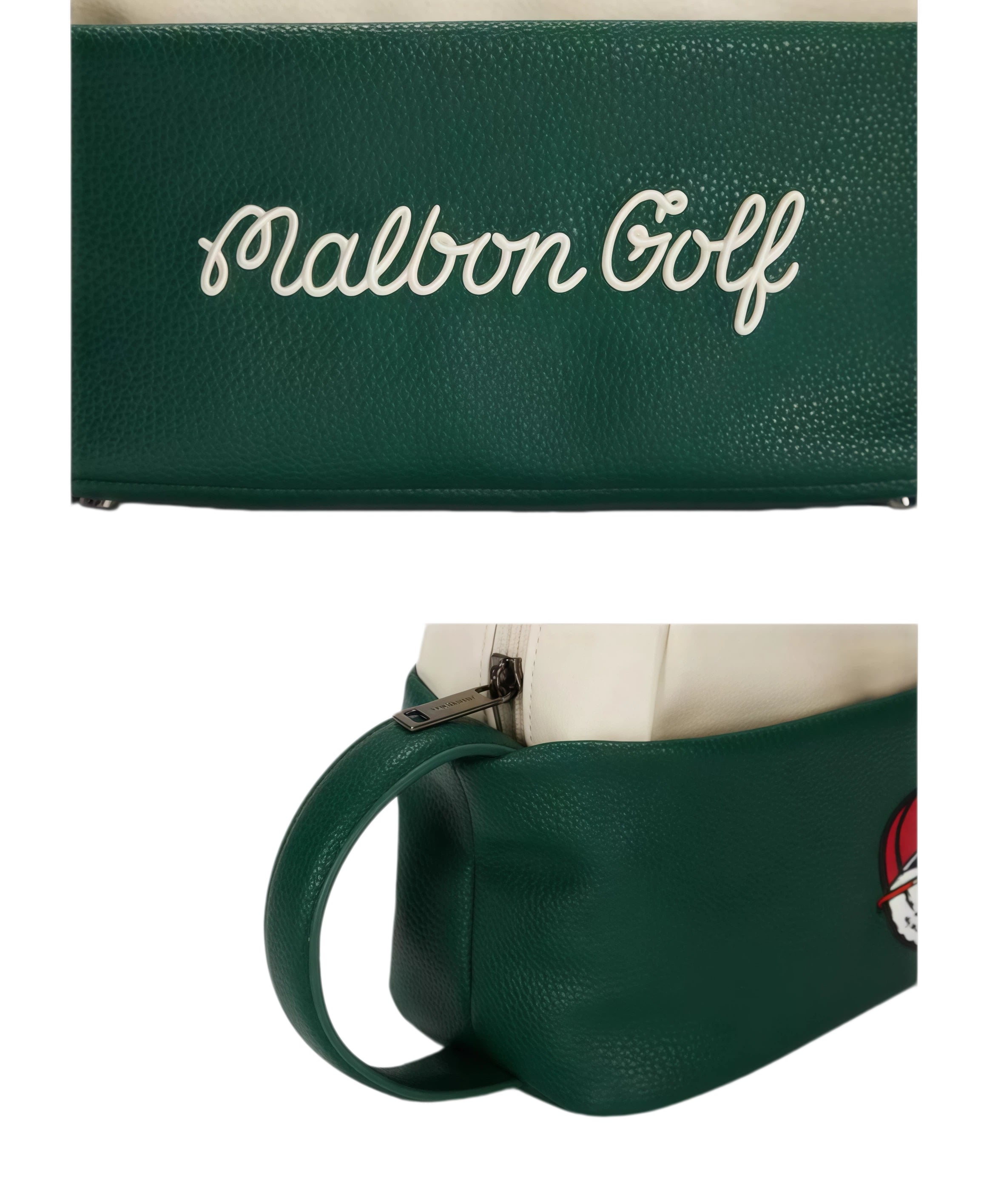 Close-up of green Malbon golf pouch featuring elegant white embroidered "Malbon Golf" script logo on textured leather-like material, showcasing premium branding and craftsmanship.