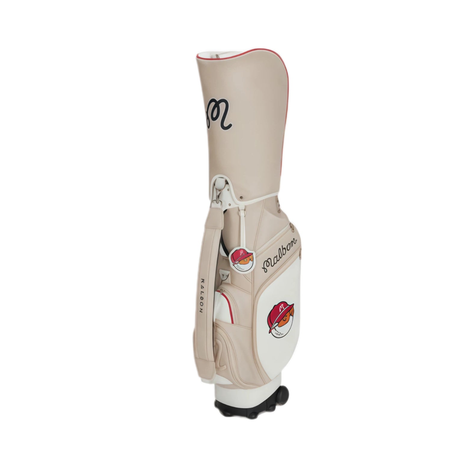 Beige Malbon Golf cart bag with wheels featuring elegant script logo, red trim, and cartoon mascot patch. High-quality leather-like material with multiple pockets and durable construction for professional golfers.