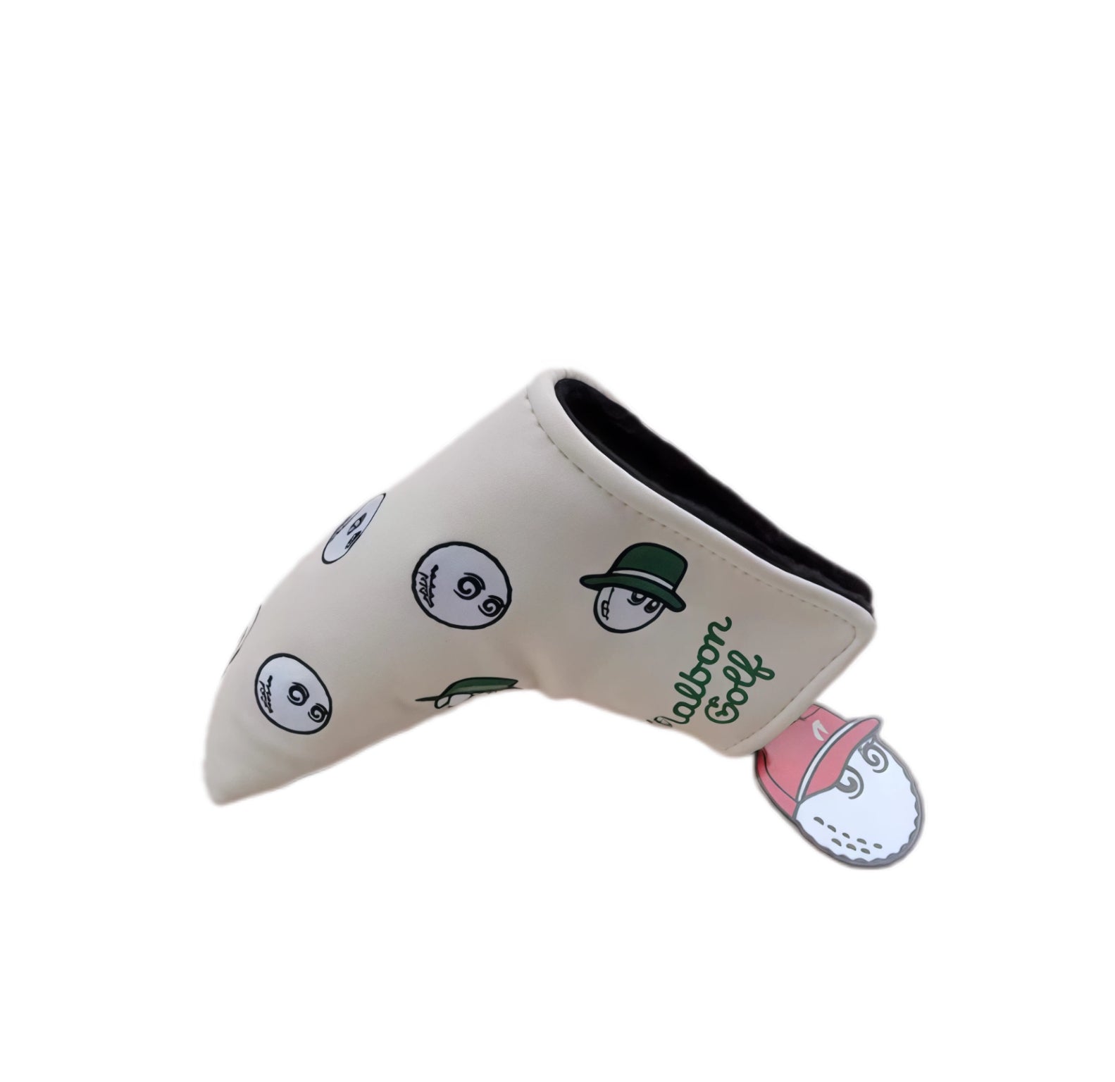 Close-up of cream Malbon putter headcover with all-over print of cartoon golf balls in green bucket hats, black interior lining, and attached red-and-white magnetic ball charm.