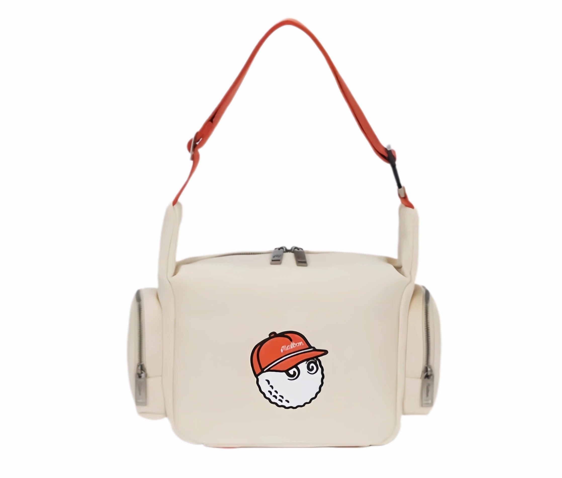  Front view of Malbon Golf small casual shoulder bag in cream PU leather with embroidered golf ball mascot wearing red "Malbon" cap, silver-tone zippers, and orange adjustable strap