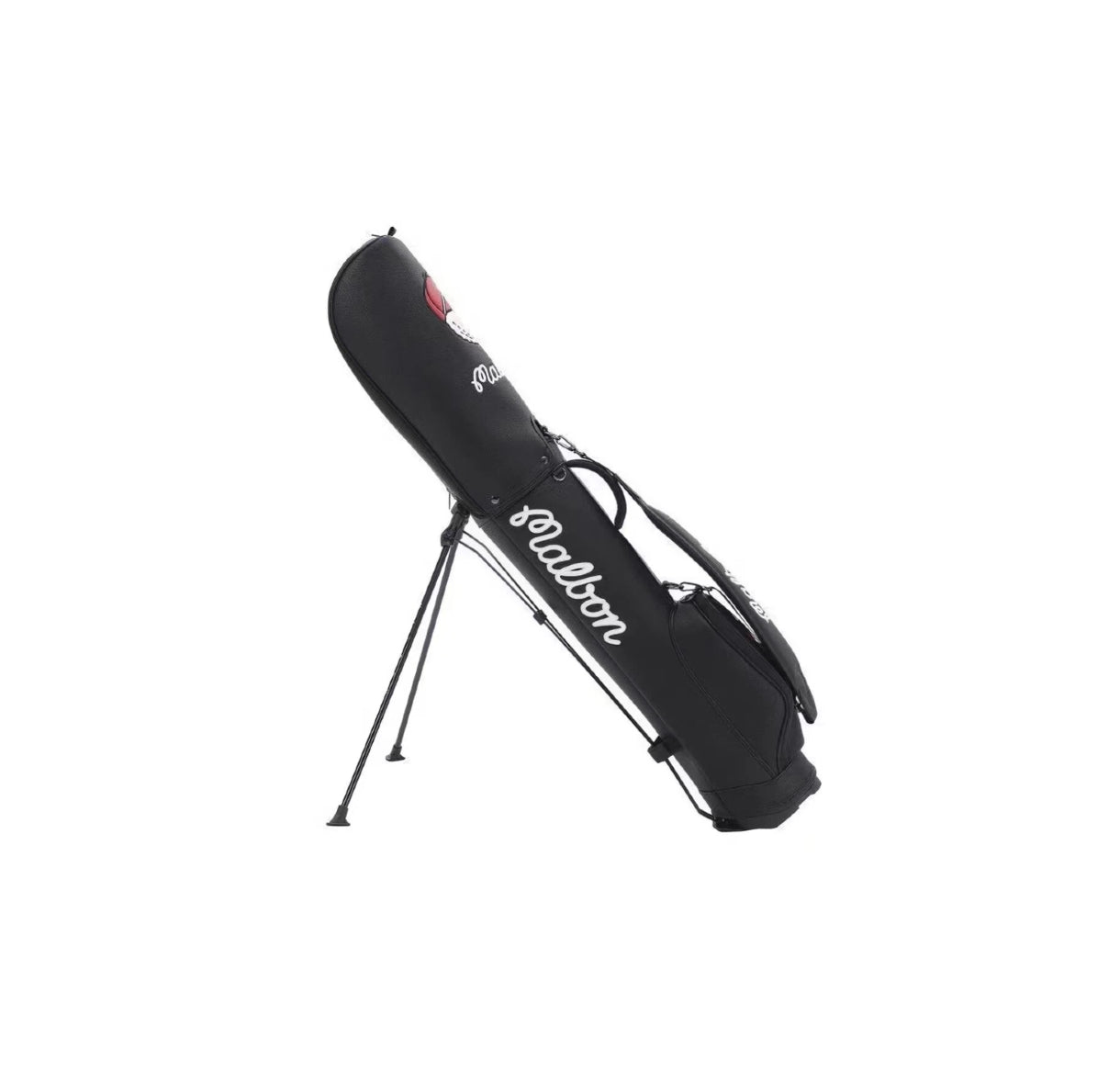 Angled view of the black Malbon Golf Stand Bag with extended legs, showcasing its waterproof PU material, bold white "Malbon" script logo, and integrated dual hat holder on the side.