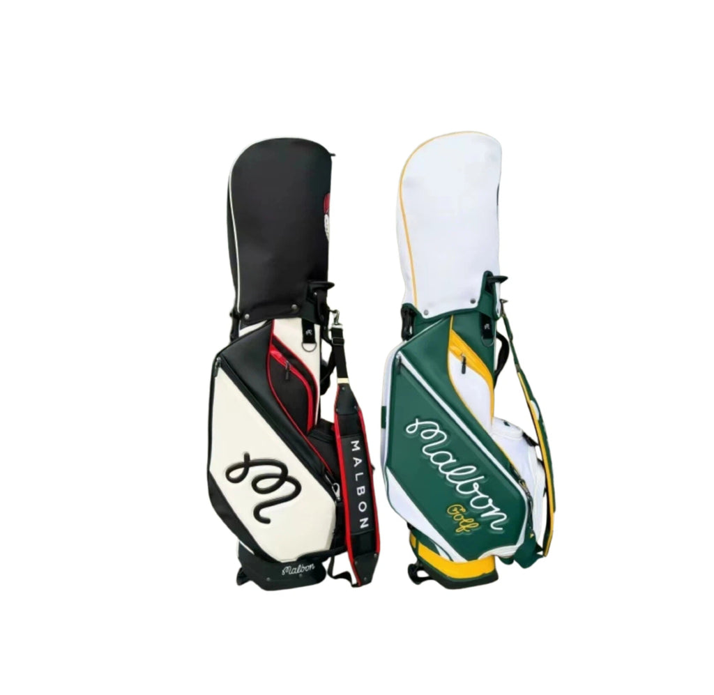 Rear profile of Malbon Golf Stand Bags showing the dual shoulder strap system for comfortable carrying, back panel padding, and sleek silhouette.