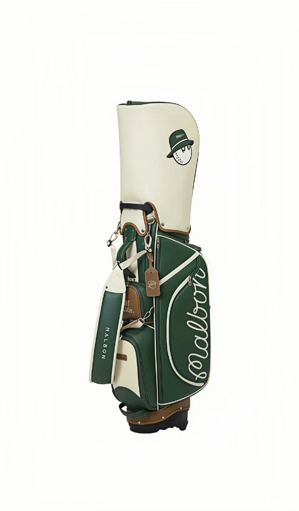 Malbon golf stand bag in green and white colorway, featuring waterproof PU leather construction, large capacity storage, and a stylish design with a cartoon golf ball mascot wearing a green hat, suitable for both men and women golfers.