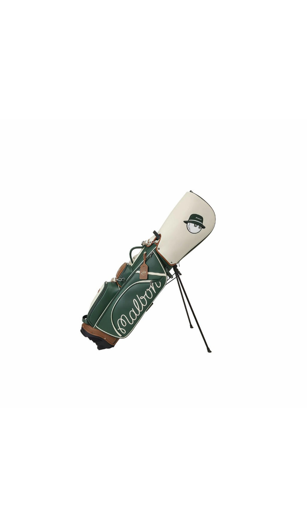 Green and white Malbon golf stand bag with its stand extended, demonstrating its stability and spacious design, complete with the charming cartoon mascot, making it a practical and stylish choice for golfers.