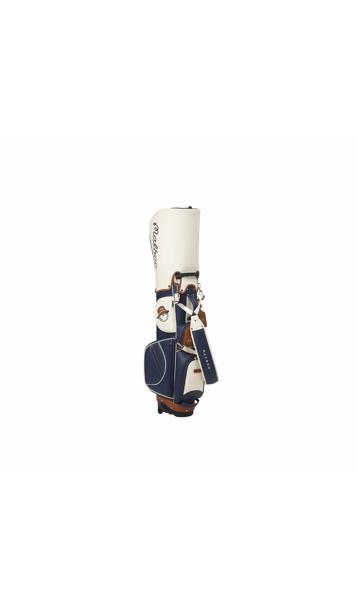 Side view of the navy blue and white Malbon golf stand bag, highlighting its sleek profile, multiple pockets for storage, and the distinctive cartoon golf ball mascot, emphasizing its unisex and fashionable appeal.