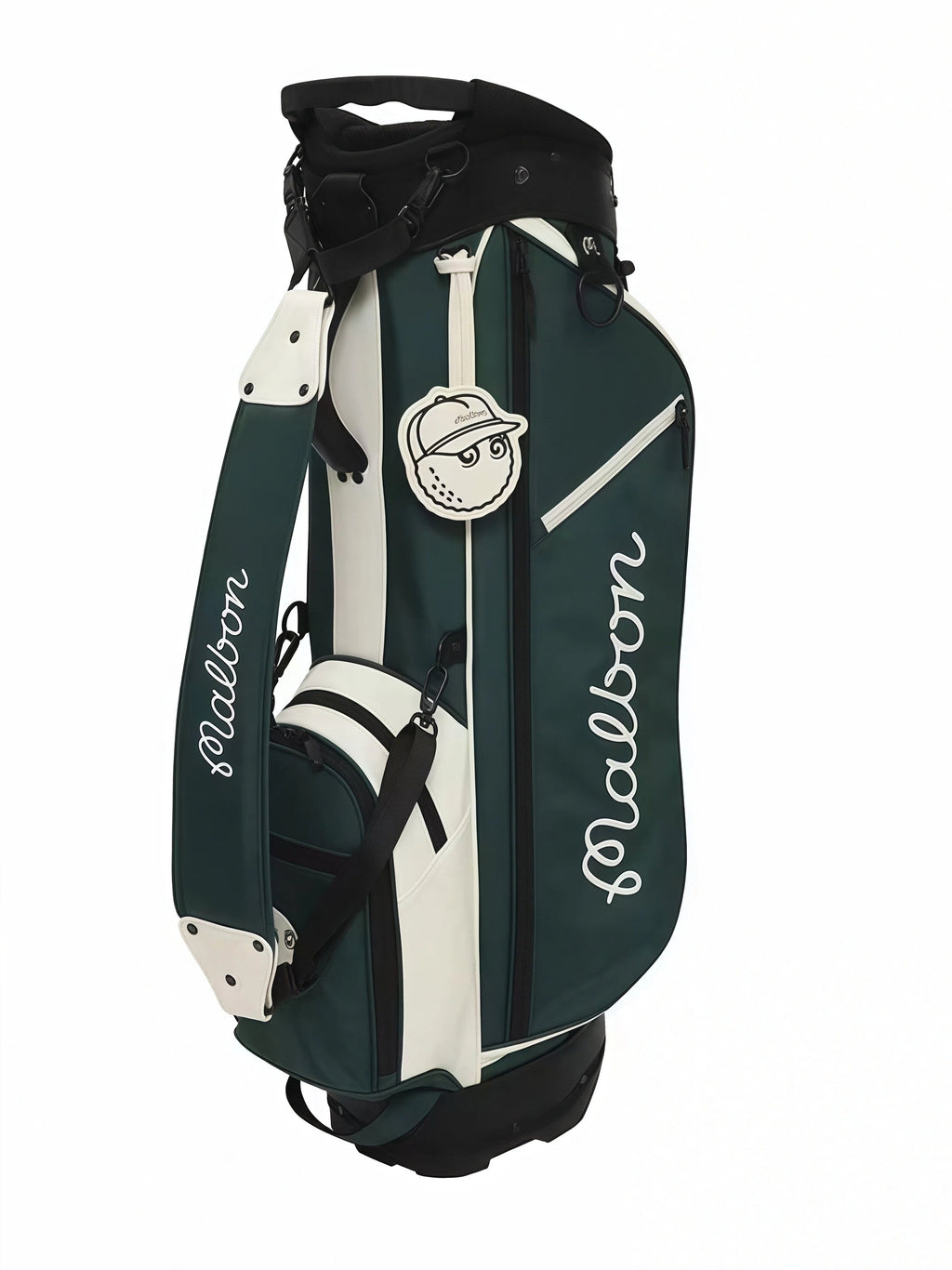 Back view of Malbon Golf stand bag highlighting dual straps, vertical "Malbon" lettering, and structured design for comfortable carrying during play.