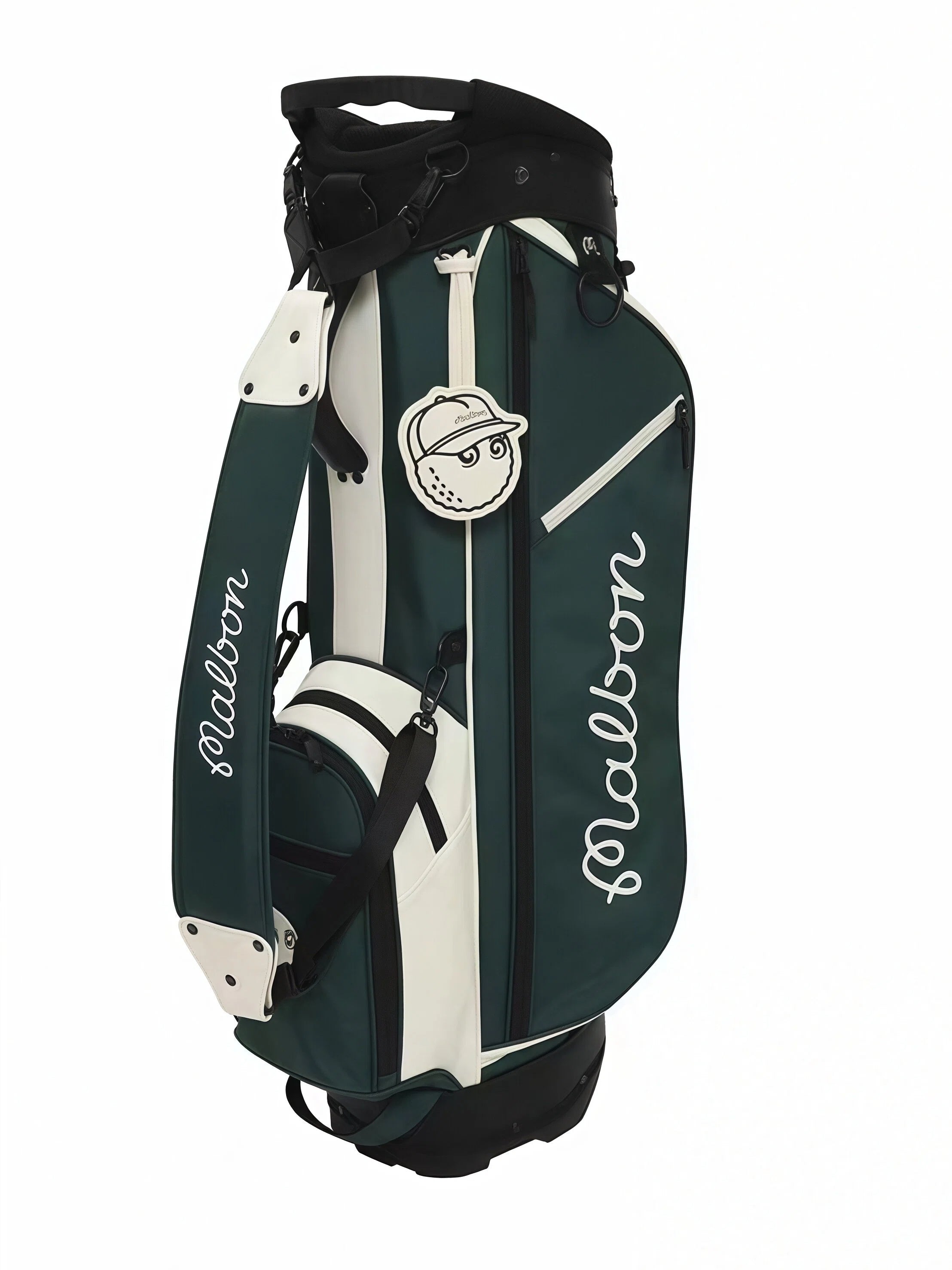 Back view of Malbon Golf stand bag highlighting dual straps, vertical "Malbon" lettering, and structured design for comfortable carrying during play.