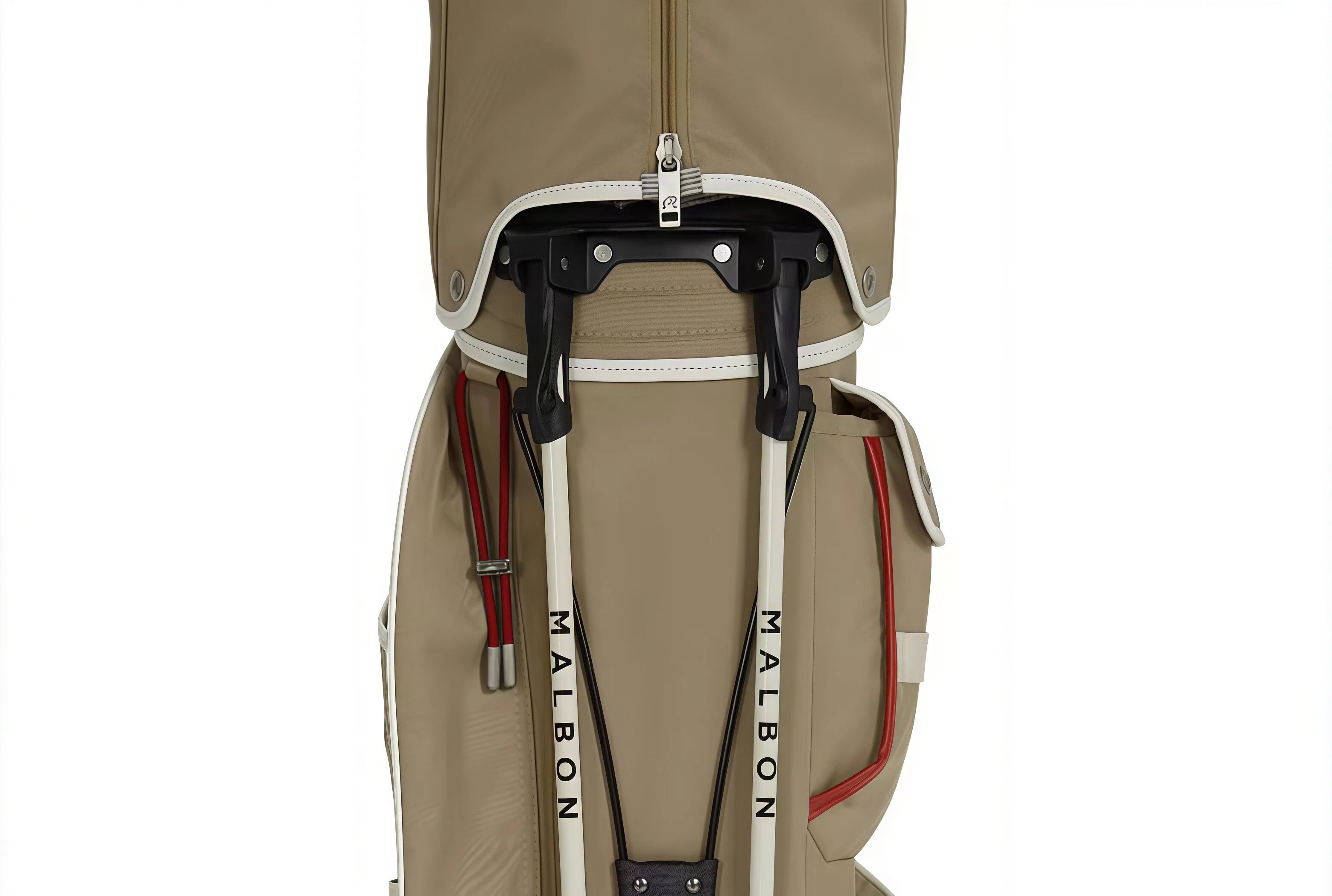 Close-up of Malbon Golf stand bag showing deployed dual stand legs with "MALBON" printed on poles, black support frame, and durable zipper closure.