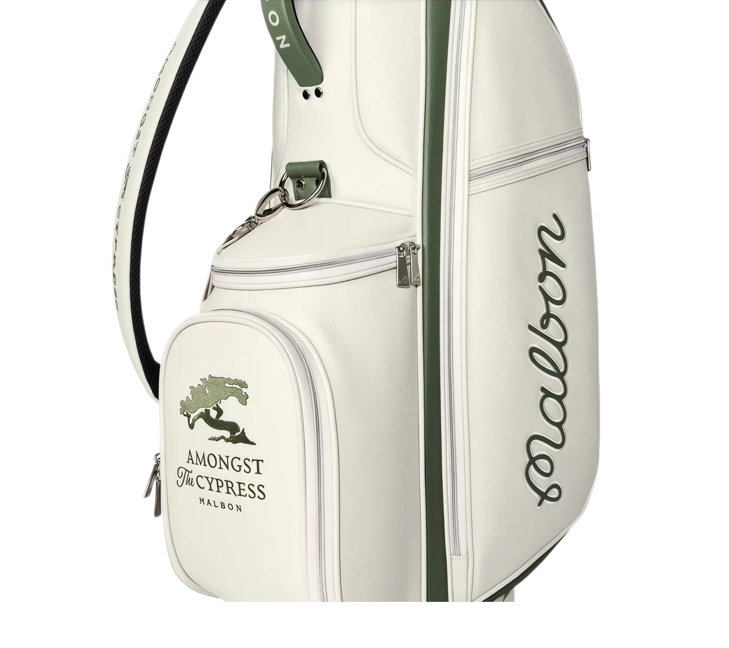 Close-up of Malbon Golf Stand Bag side panel highlighting embroidered "Amongst The Cypress" logo with cypress tree design, script "Malbon" branding, and zippered storage pocket.