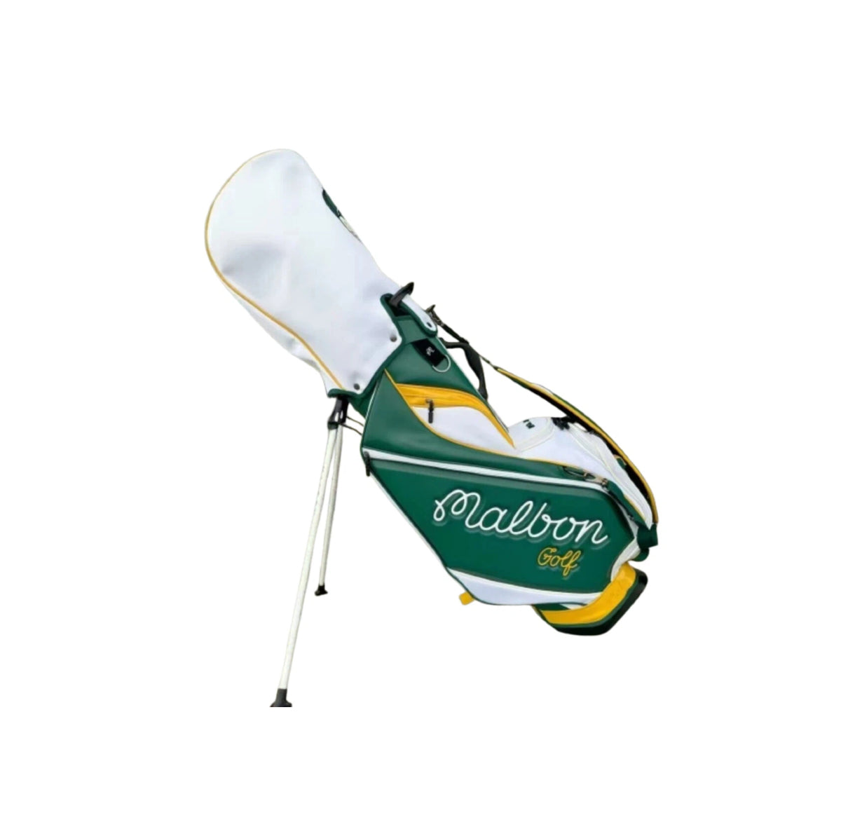 Full profile of the Malbon Golf Stand Bag in Green and Yellow, displaying the automatic pop-up stand legs, waterproof PU exterior, and ergonomic design for walking the course.