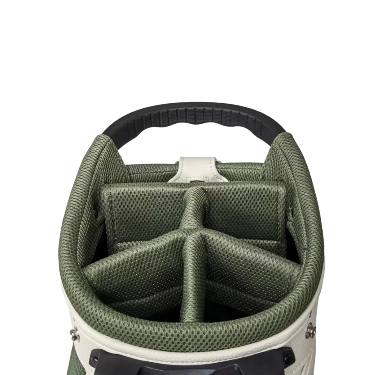 Top-down view of Malbon Golf Stand Bag interior showing green mesh dividers, padded club slots, and durable fabric lining. Designed for organized storage and protection of golf clubs.