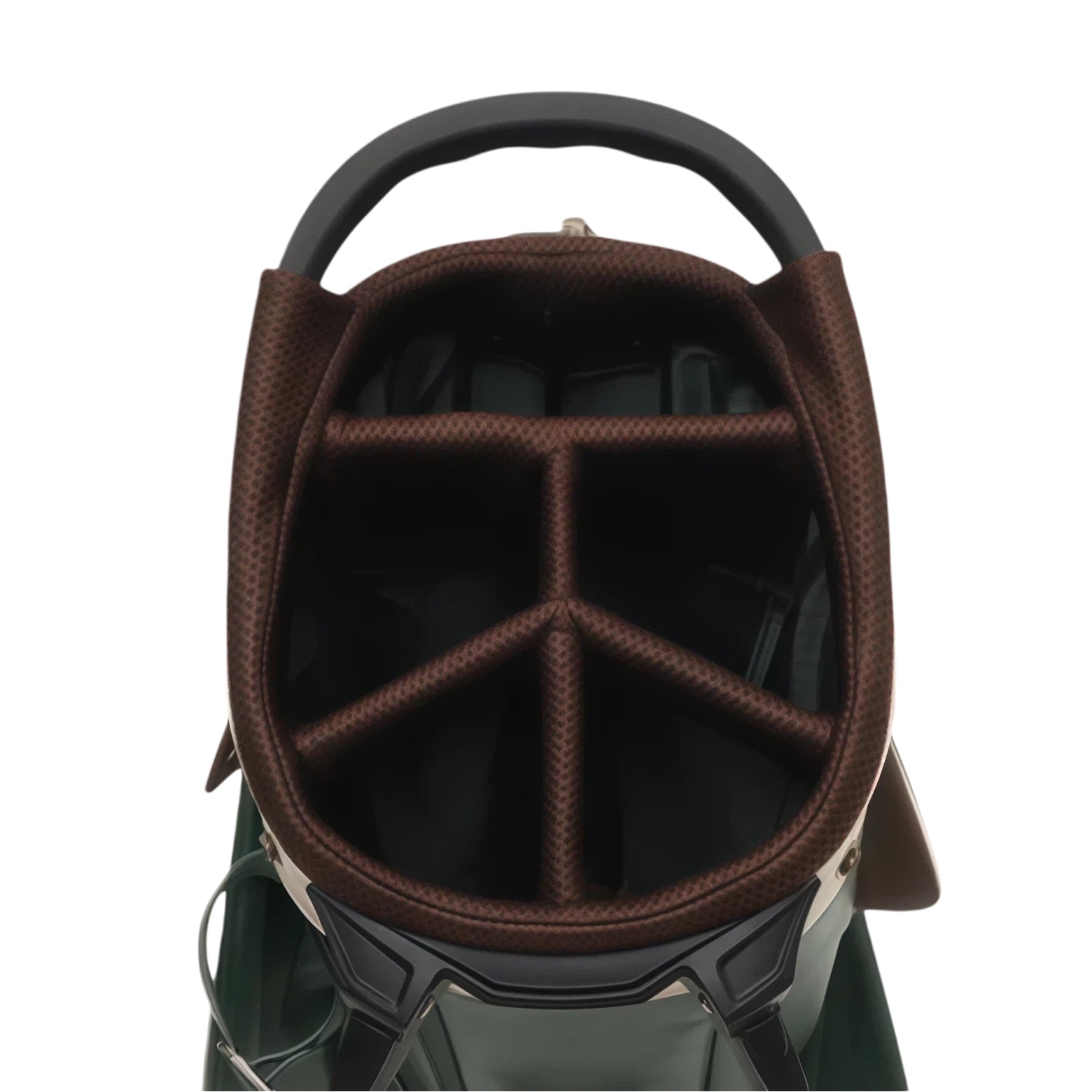 Top-down view of Malbon Golf stand bag interior showing padded club dividers, brown mesh lining, and organized layout for secure storage of up to 14 golf clubs.