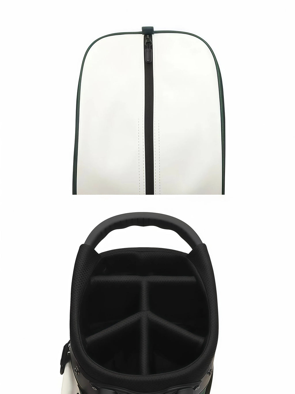 Top-down view of Malbon Golf stand bag showing full-length zipper closure and padded interior with black club dividers for secure organization of golf clubs.